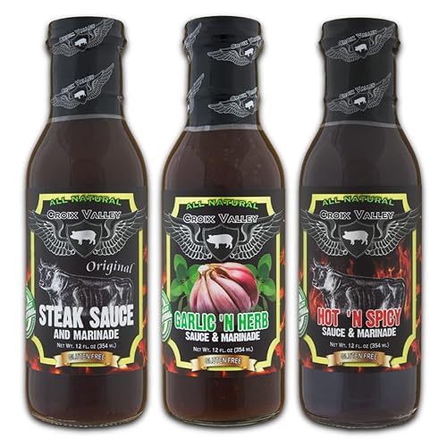 Croix Valley Paquete de adobo de bistec: salsa de bistec original, picante picante y ajo 'N hierba