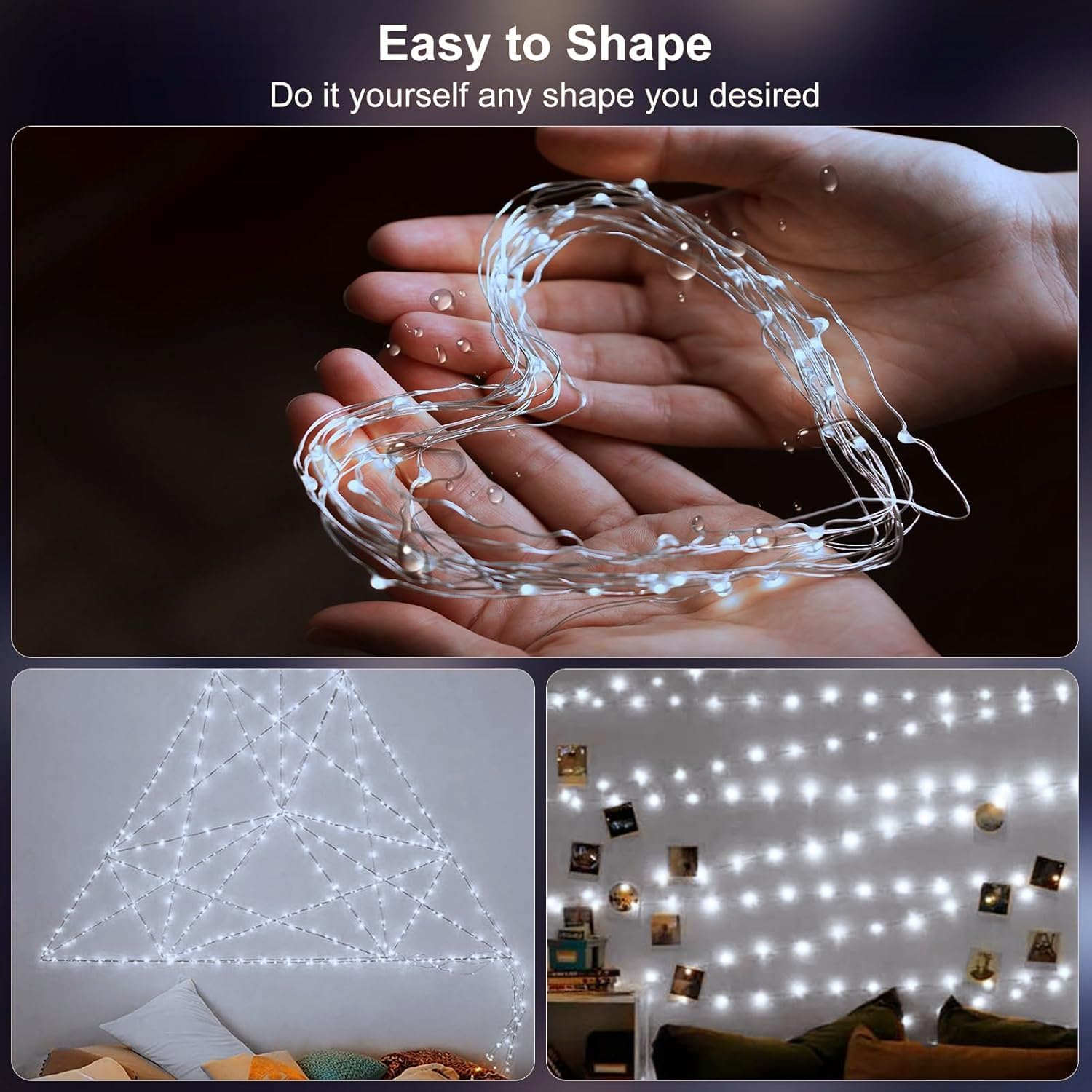 Hands shaping the flexible silver wire of echosari fairy lights into a heart shape
