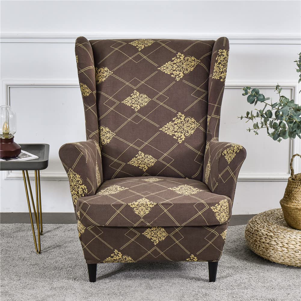 Highdi Brown Elegant Wingback Chair Covers 2 Piece Stretch Wing Chair Slipcover, Fashion Geometry Strandmon Sofa Cover Furniture Protector For Armchair Chairs Living Room Bedroom Hotel (Brown Elegant)