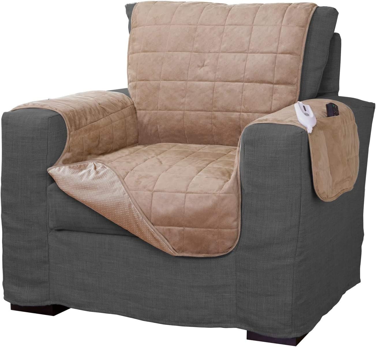 Serta | Quilted Electric Warming Furniture Protector, Pet Safe & Durable Easy Care Microsuede Fabric (Chair Protector, Camel)