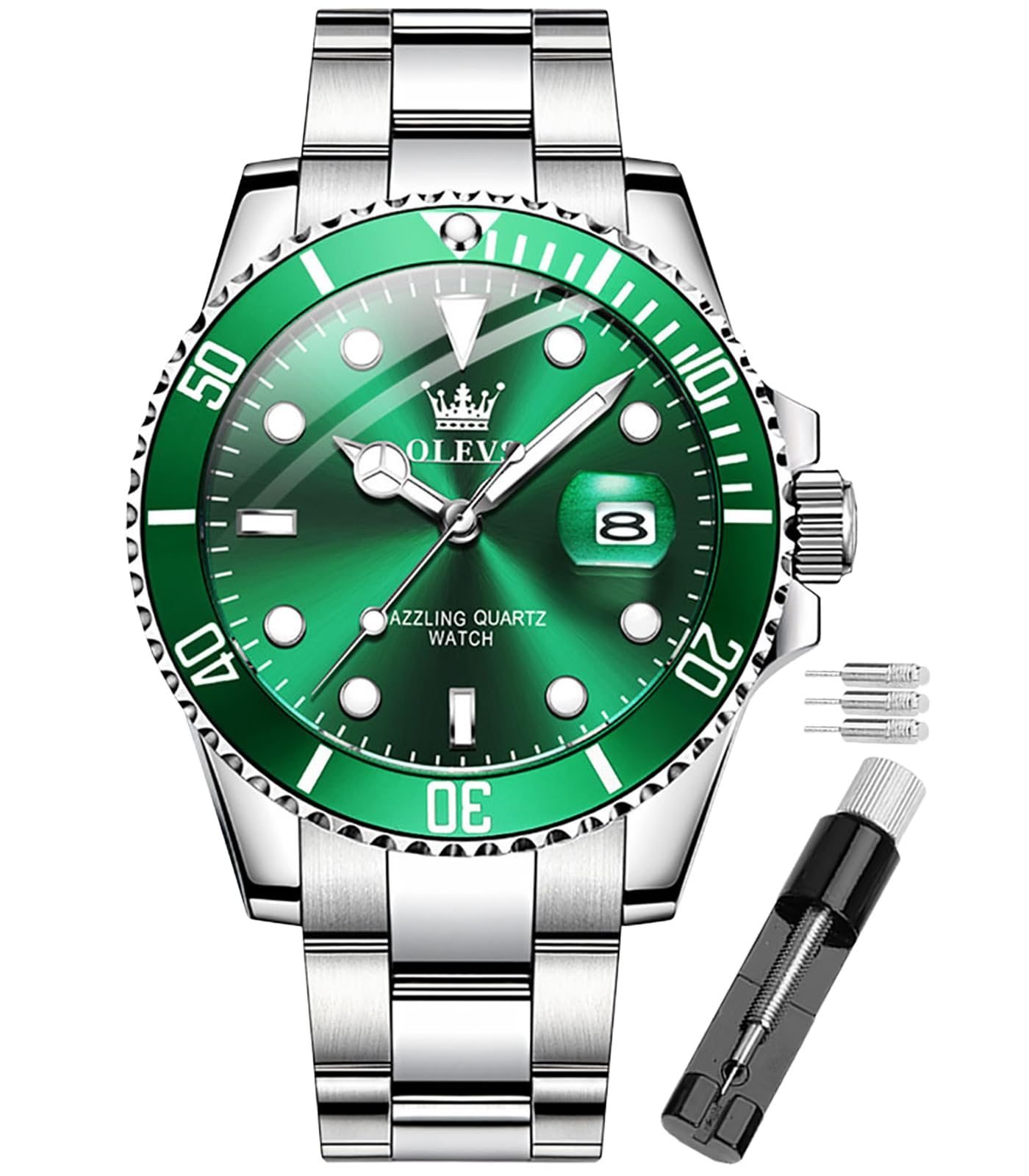 OLEVS Watch for Men Waterproof Blue Dial Mens Dress Watches Luxury Two Tone Stainless Steel Wrist Watch with Day Date, Fashion Classic Classic Sports Quartz Watch Big Face… Silvery green dial