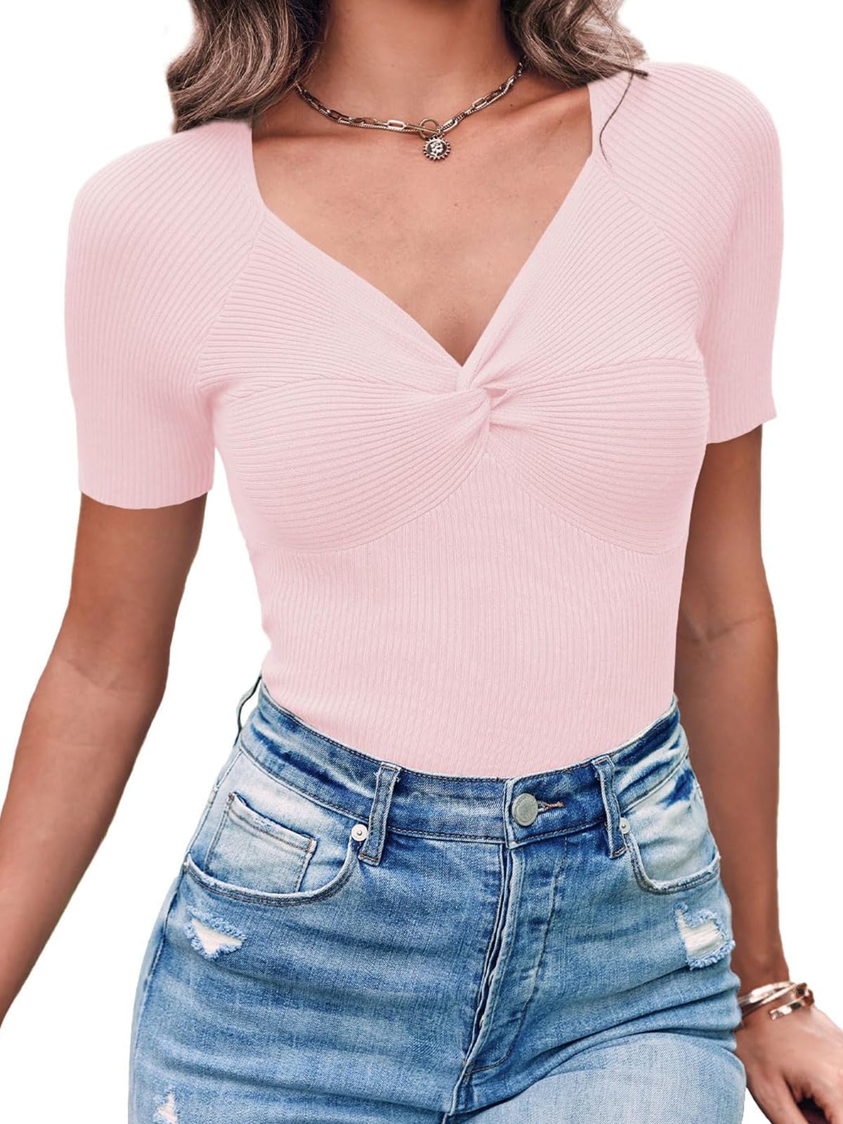 Photo 1 of ARTFREE Womens Short Sleeve Tops V Neck Going Out Casual Summer Cute Knit Slimming Twist Front Pullover Sweaters Shirts Pink XX-LARGE