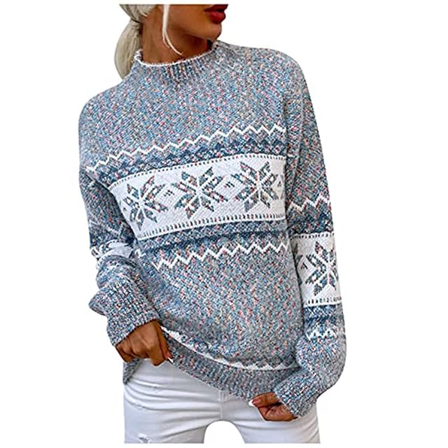 Womens 2026 Fall Winter Tops Christmas Snowflakes Half Turtleneck Knitted Pullover Sweater Holiday Vacation Tops