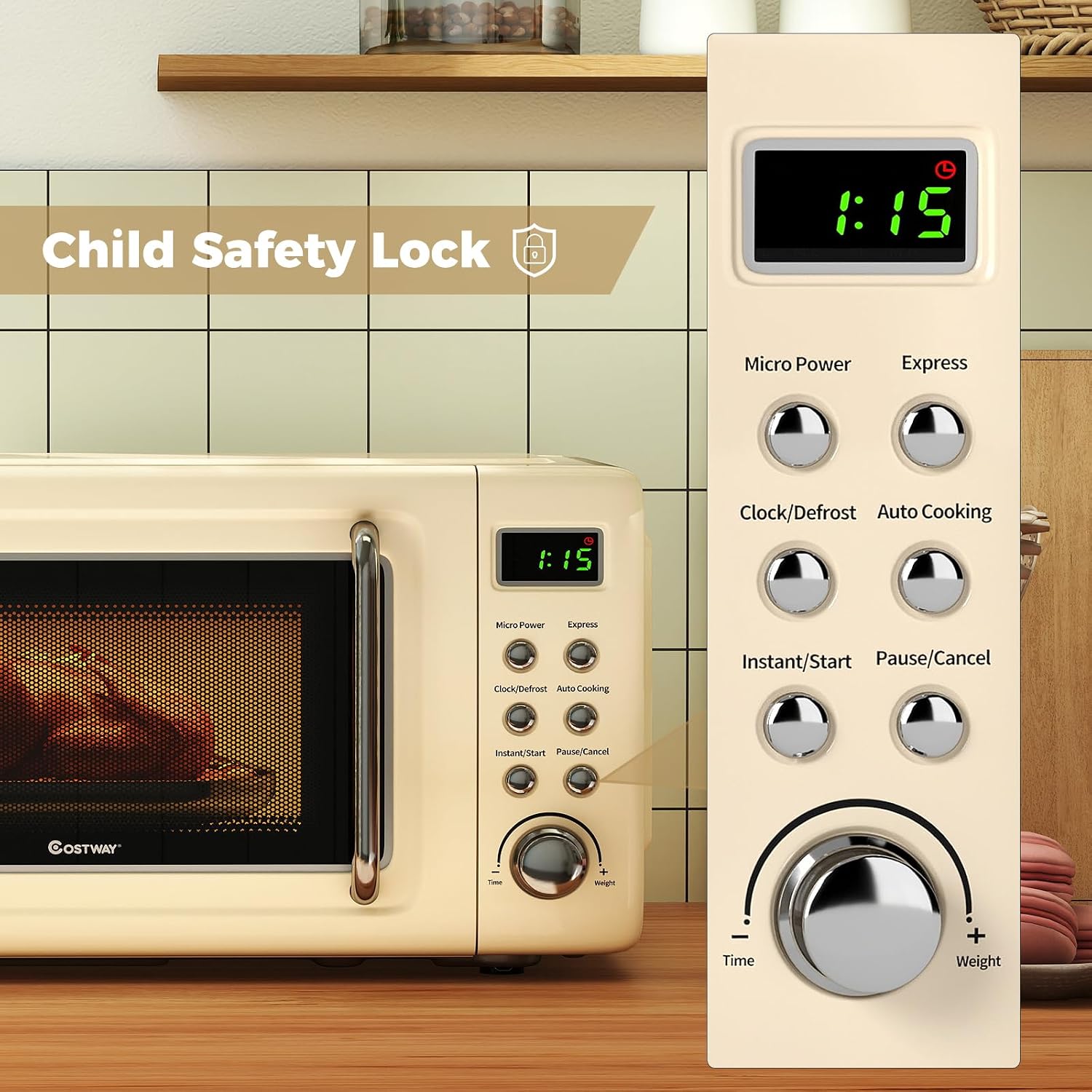 COSTWAY Microwave Countertop, 0.7Cu.ft Microwave Ovens with 5 Micro Power, Delayed Start Function Glass Turntable & Viewing Window, LED Display, Child Lock, Mini Microwave for Small Place (Beige)