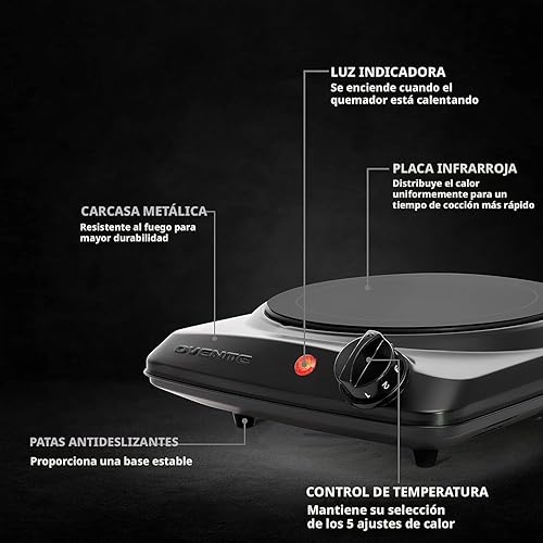 Miniatura 2 de Ovente - Quemador eléctrico infrarrojo individual de 7 pulgadas, placa de cocina de vidrio de cerámica con control de temperatura de 5 niveles y