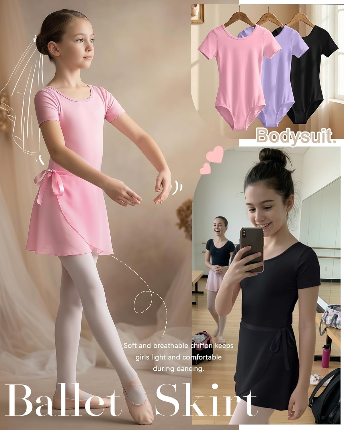 3 Pack Girls Ballet Leotards Toddler Short Sleeve Dance Dress Outfit with Removable Skirts Ballet Dance Set