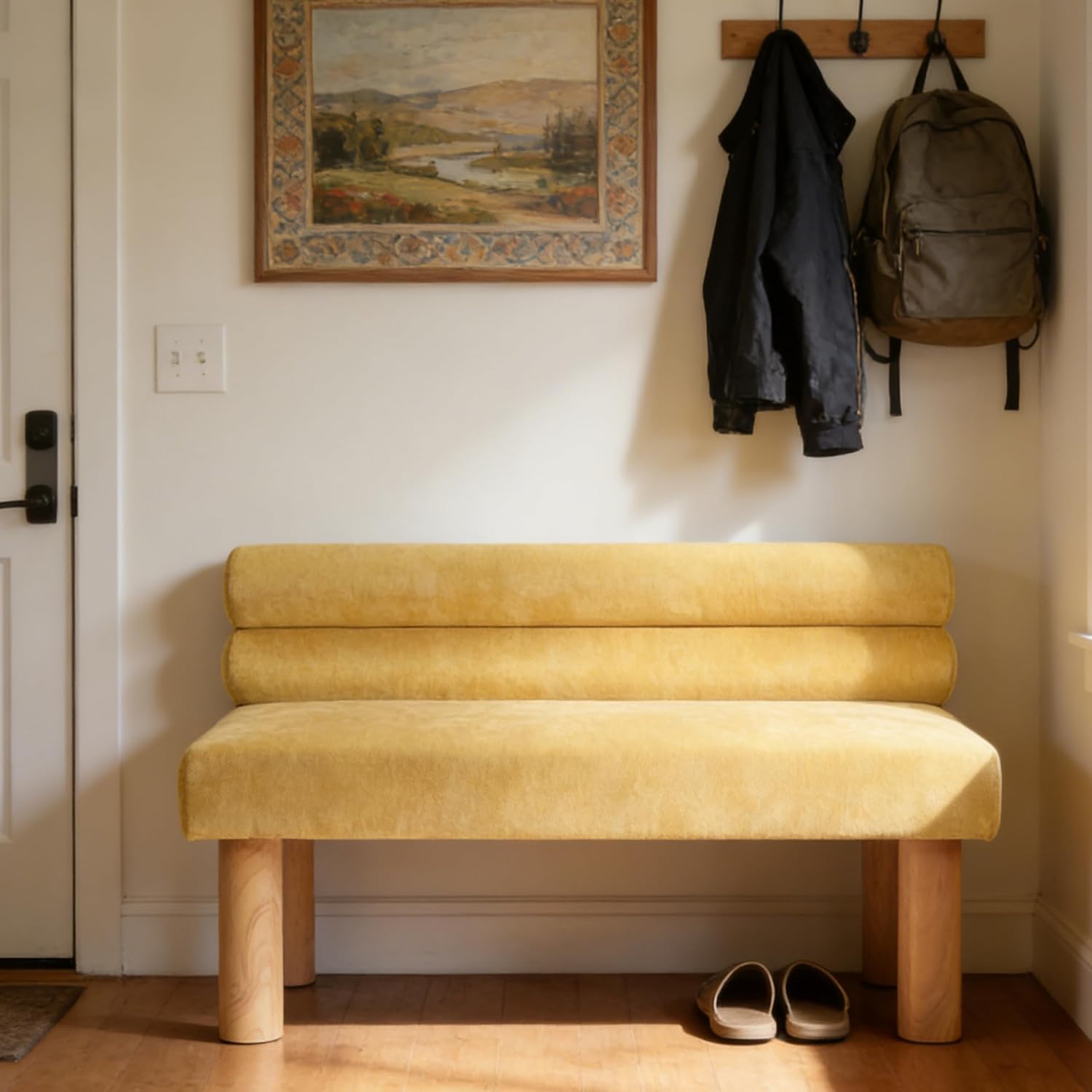 Christopher Knight Home Wally Fabric Upholstered Dining Bench, Long Dining Room Chair, Wooden Entryway Bench, Bedroom End of Bed Bench, Yellow+Natural