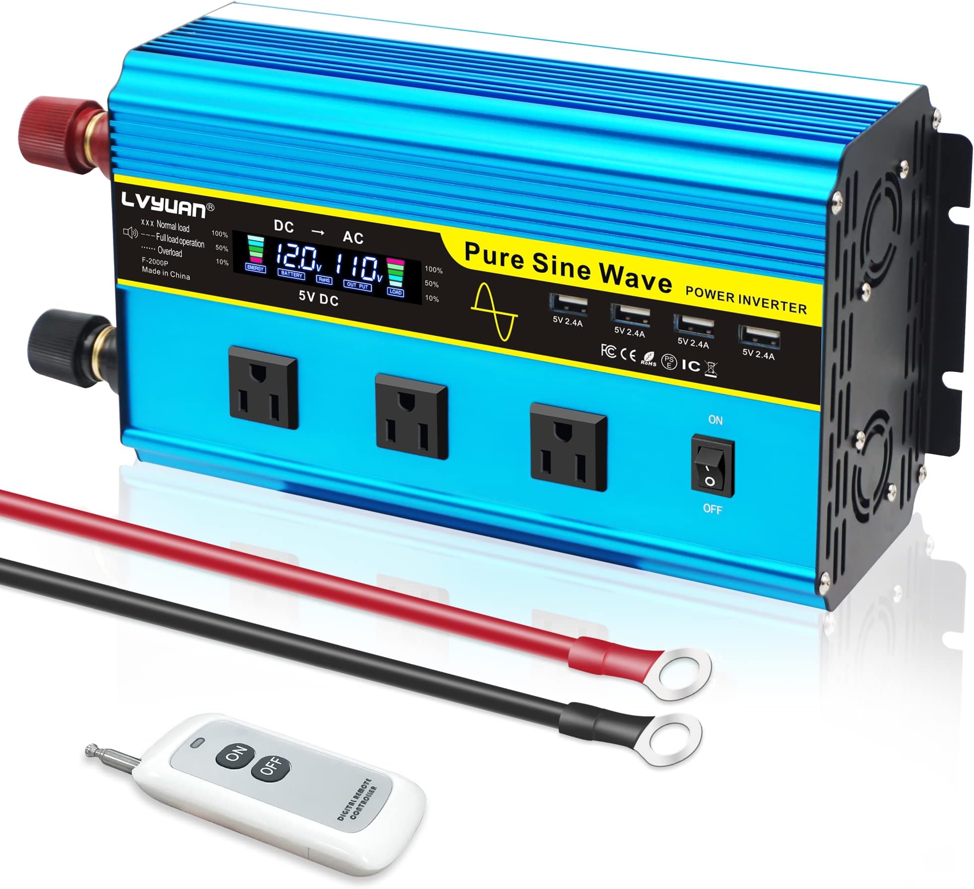 1600 Watts Pure Sine Wave Power Inverter DC 12V to AC 110V/120V Converter with Remote Control, LCD Display, 3 AC Outlets 4 USB Ports Car Inverter