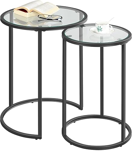 Yaheetech Juego de 2 mesas auxiliares apilables, juego de mesas auxiliares con marco de metal y parte superior de vidrio y almohadillas protectoras