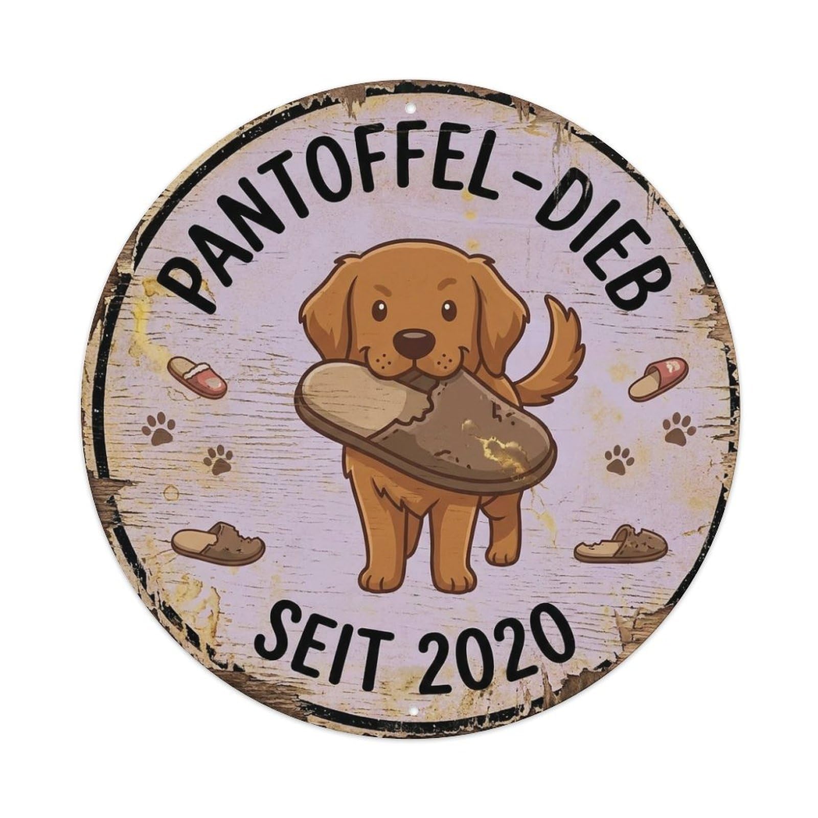 Fqcyn Style Dog Slipper Thief Round Wall Hanging Metal Tin Sign Plaque Wall Decor For Cafe, Club Bar, Office, Home Garden Round Metal Poster 8X8inch