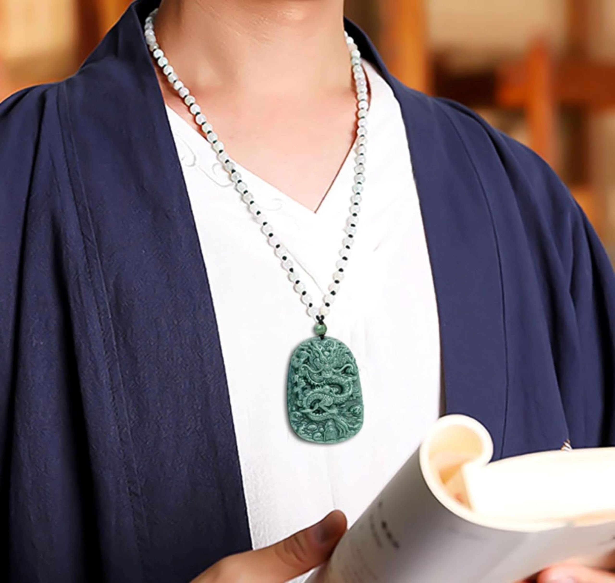 Collar con colgante de dragón de jade natural de grado A, sin tratar, certificado de jadeíta birmana, tallado a mano, de doble cara, delicado amuleto verde para hombres y mujeres, Una, Una