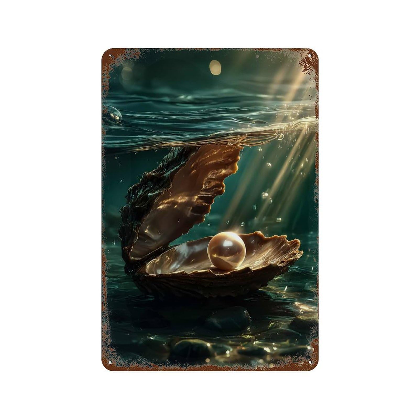 Garage Style Oyster with Pearl Underwater Aged Metal Wall Plaque 11.8"x7.9", Old School Wall Decor for Bar And Workshop