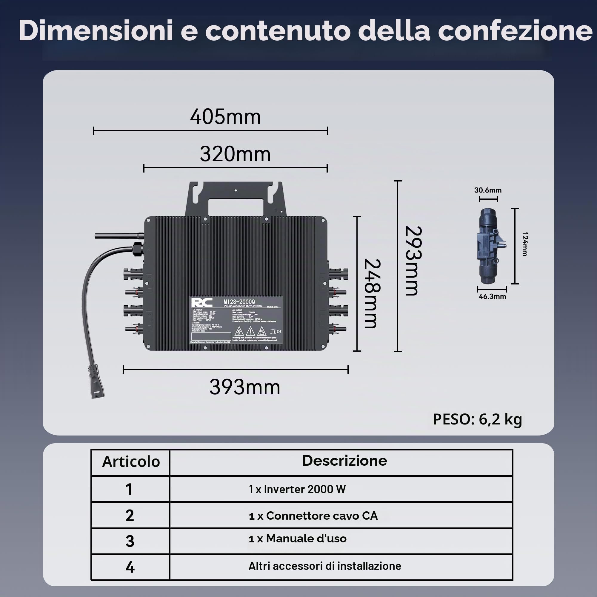 RC Micro inverter 2000 W, ingresso CC 26-60 V, inverter modulo PV, micro convertitore MPPT, Controllo dell’app tramite Wi-Fi