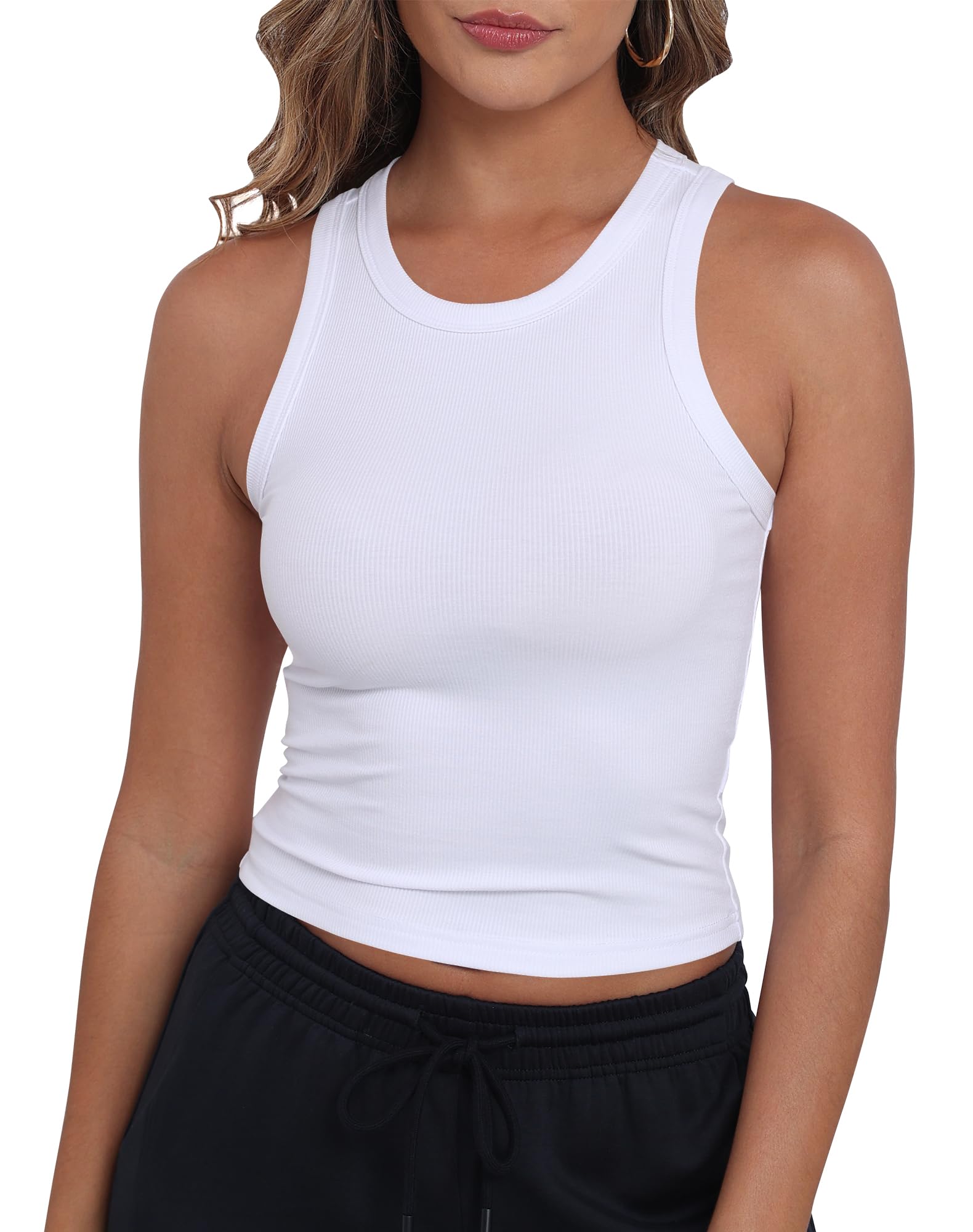 - Womens Sleeveless High Neck Racerback Ribbed Knit Fitted Basic Cotton Cropped Tank Top