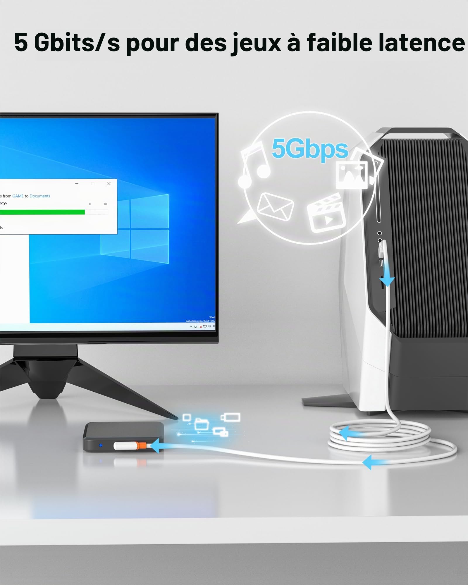 TRANSNOVO Câble Link USB 3.2 A vers C, 5M Compatible avec Meta Quest 3/2/Pico 4 et PC/Steam VR Accessoire, 5Gbps Haute Vitesse de Transmission de Données pour Casques de Réalité Virtuelle（Orange）