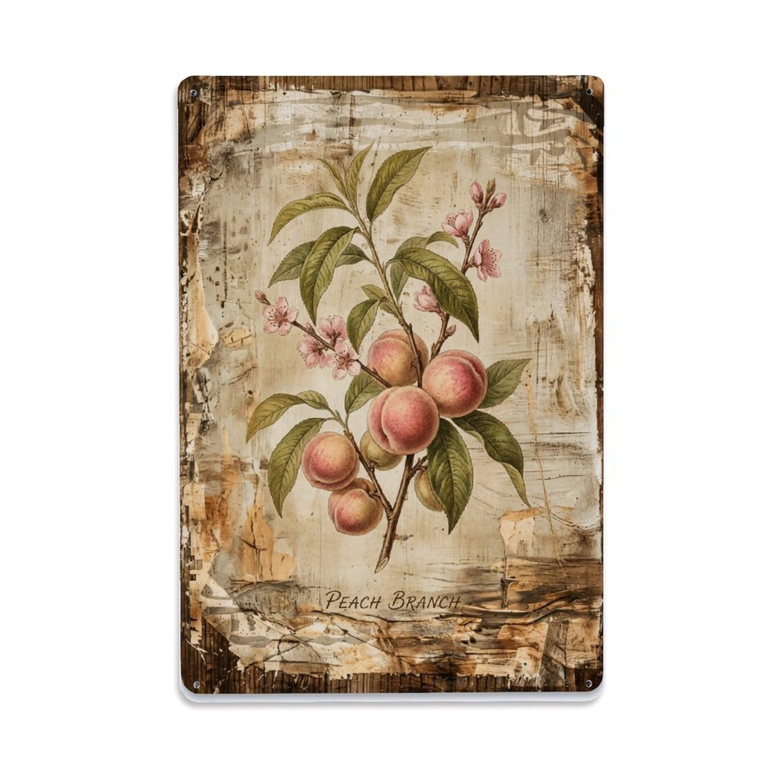 Fqnyr Style Peach Branch Botanical Metal Tin Sign Plaque Wall Decor For Cafe, Club Bar, Office, Home Garden Metal Poster 8X12inch