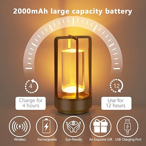 Miniatura 6 de Lámpara de mesa pequeña, lámpara LED recargable inalámbrica a pilas, lámpara de mesita de noche regulable de 3 temperaturas de color para sala de