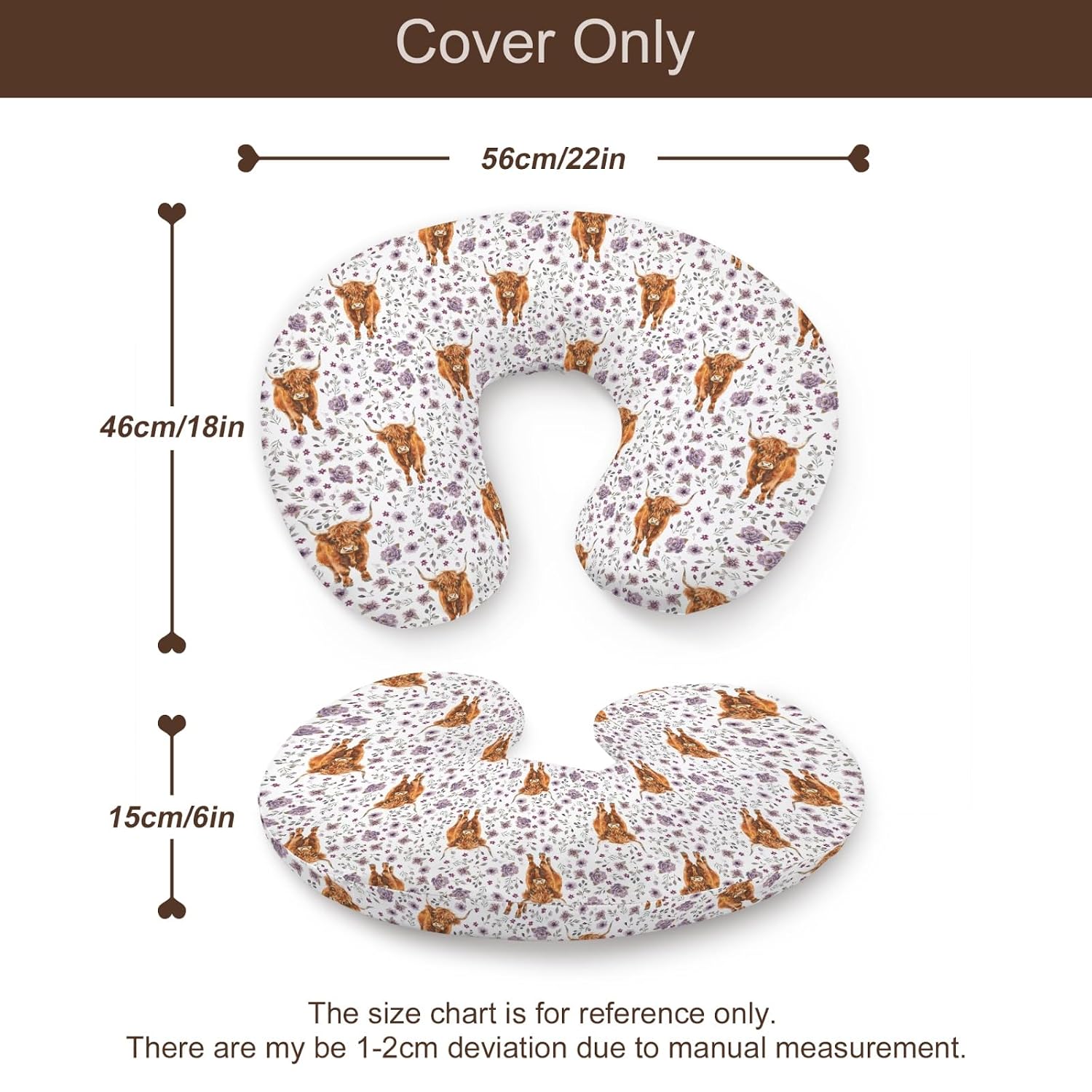 Watercolor Western Farm Cow Flowers Pattern Nursing Pillow Cover, Unisex Highland Cow Floral Removable Breastfeeding Pillowcase Slipcover for Baby Girls Boys Newborns Toddlers, Cover Only