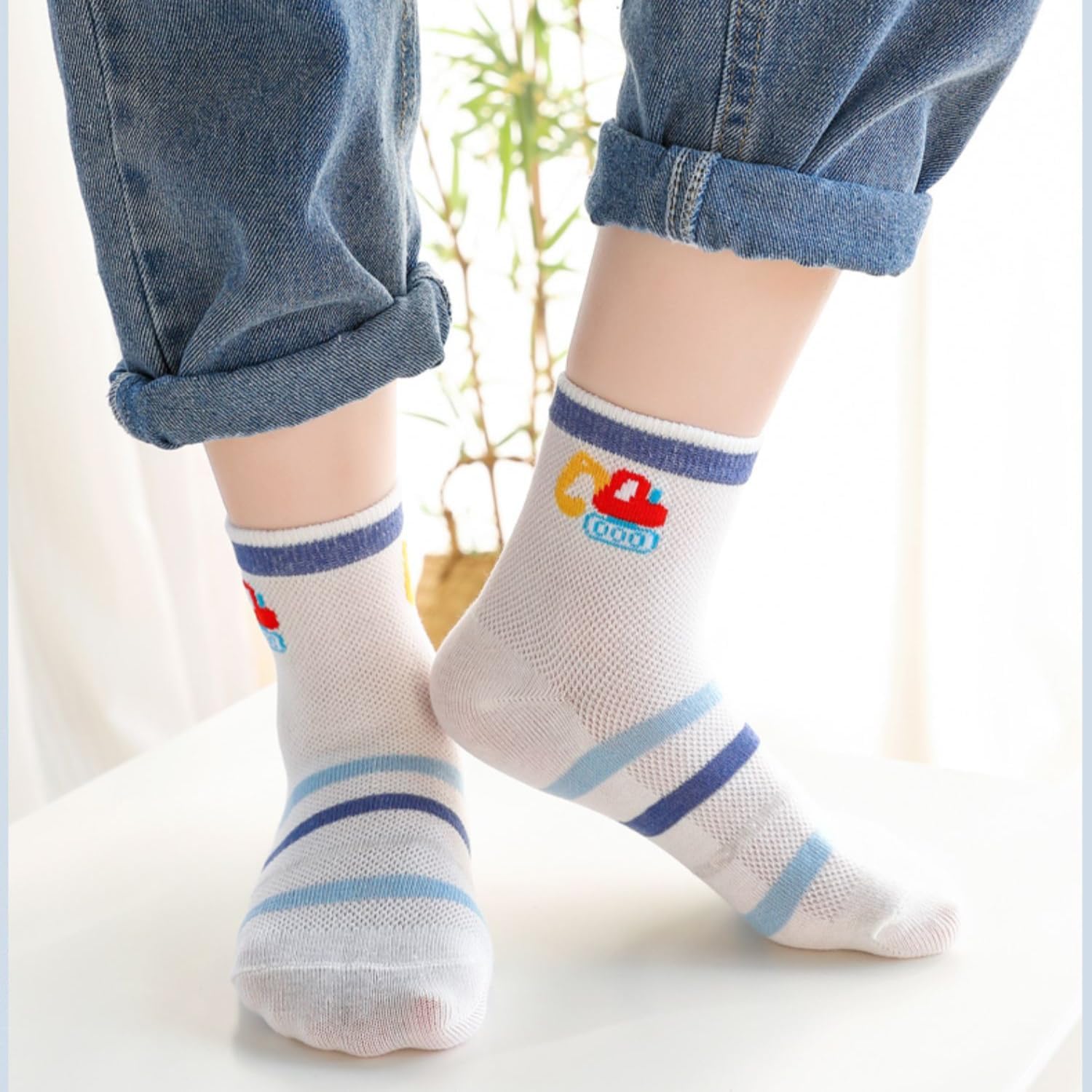 Summer Thin Cotton Short Socks Cartoon Car Crane Fashion for Kids, Mesh Ankle Socks for Boys and Girls Baby Crew Socks