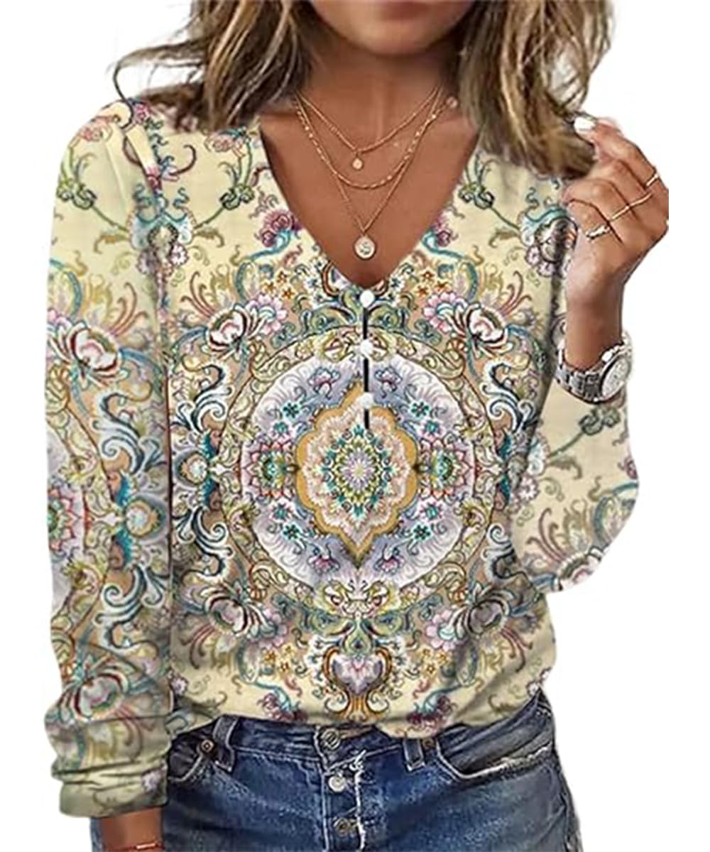 GRMLRPT Blusas de Mujer Casual Camiseta de Mujer Top Elegante de Manga Larga con Estampado Suave Ligero Cómodas Camisetas con Cuello en V para Otoño y Primavera(Multicolor,S-XXL)