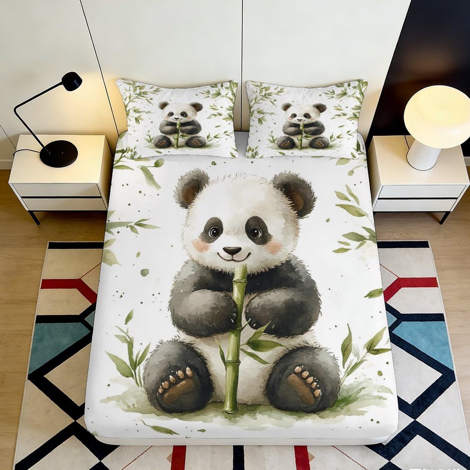 3D Printed Panda Bamboo Fitted Sheet Microfiber Soft Breathable Panda Leaves Mattress Cover for Bedroom Dorm Decor 90x200x25cm