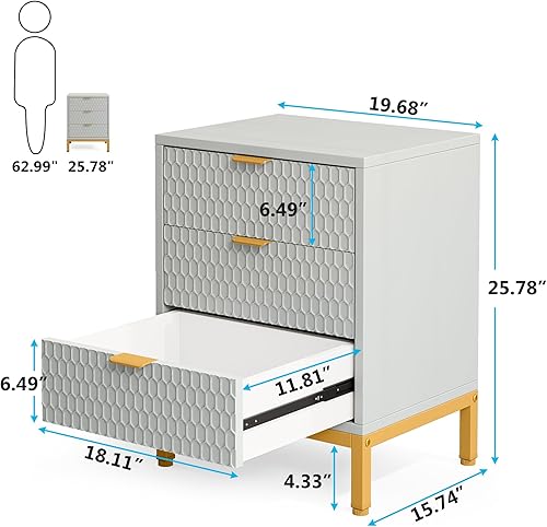 Miniatura 9 de LITTLE TREE Mesita de noche moderna con 3 cajones, color blanco dorado, mesa auxiliar con almacenamiento para dormitorio, sala de estar Blanco y