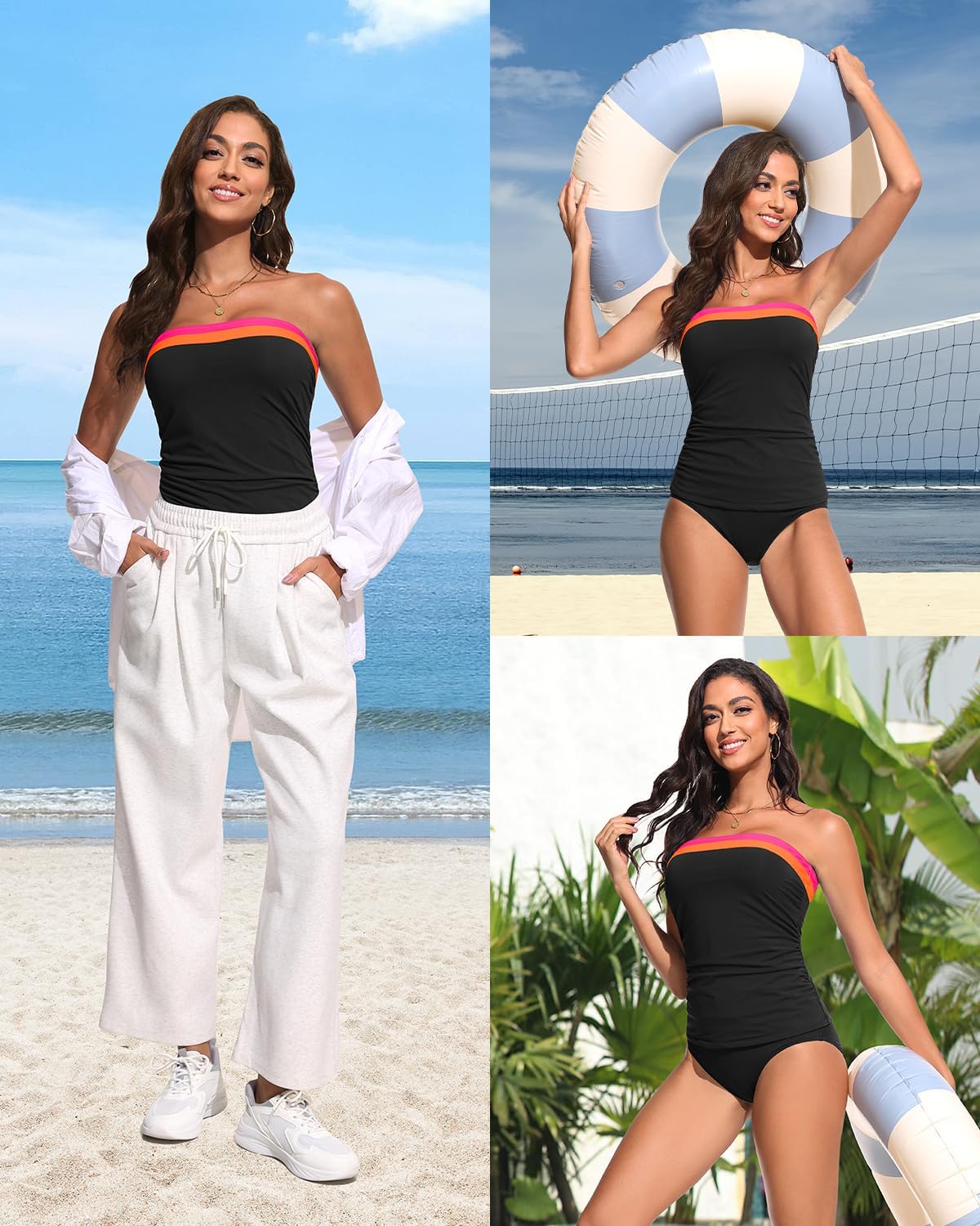 Daci Bandeau Tankini Swimsuits for Women - Two Piece Ruched Tummy Control Bathing Suit Strapless Swimwear with Bottom - Image 2