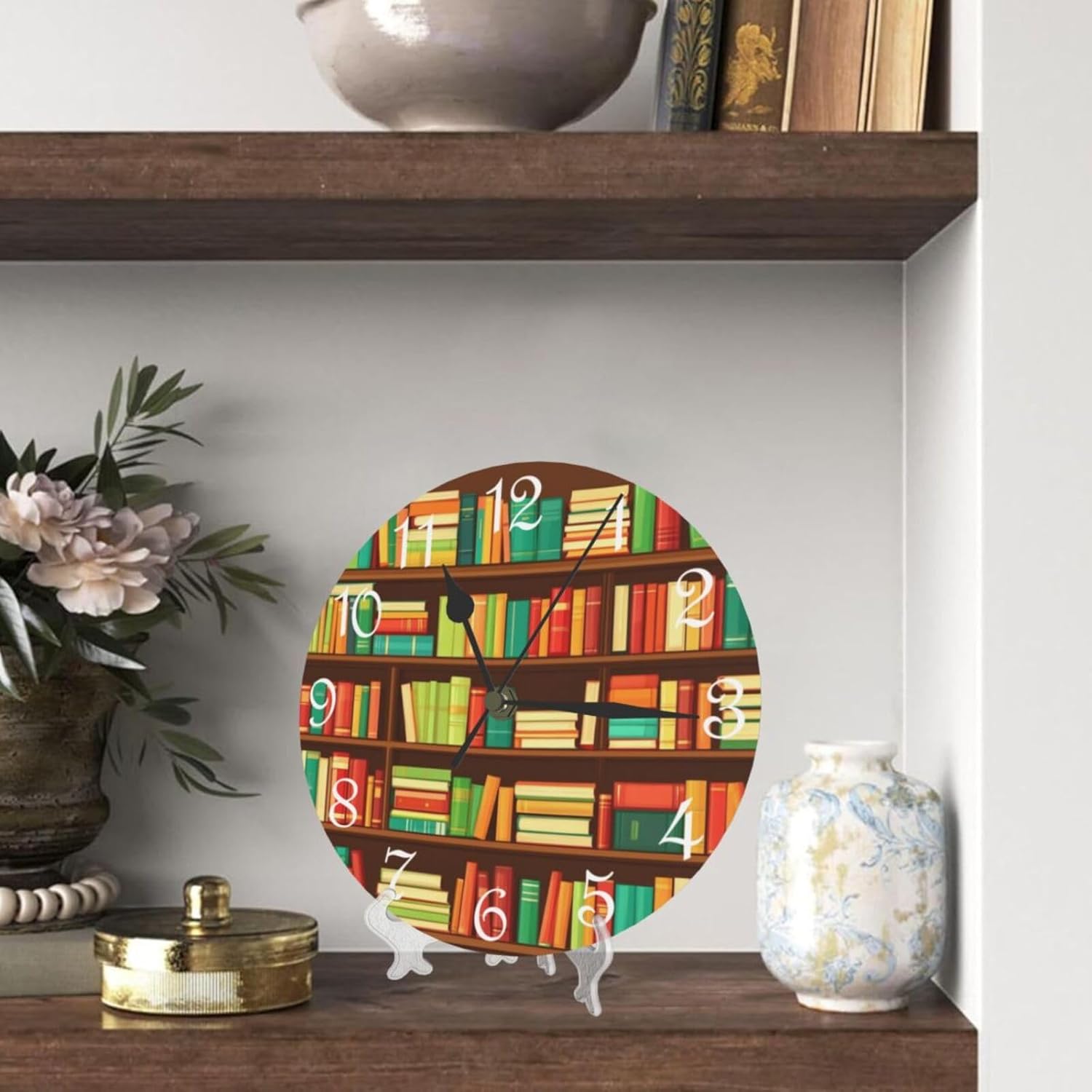 Wall Clock Bookshelf Theme,Silent Non-Ticking Battery Operated 10 Inch,Library Cartoon Style，Decorative for Kitchen, Home, Bathroom, Bedroom,Brown Green