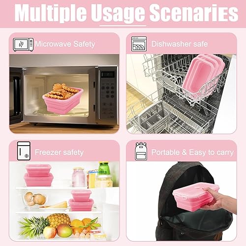 Miniatura 6 de Contenedores plegables de silicona para almacenamiento de alimentos con tapas, juego de 4 recipientes de silicona para lonchera, contenedor plegable