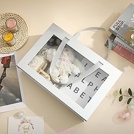 JINGUAN Large Silver Clear Gift Box, 13.5x9x4.1 Inches Gift Box with Window by Handle, Bridesmaid Proposal Box, Collapsible Gift Boxes with Magnetic Closure (Glossy Silver, 1 Pack)