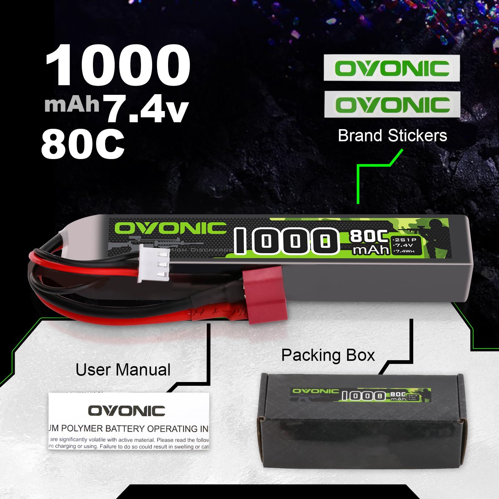 OVONIC 2S Lipo - Batteria Lipo 7,4 V, 80 C, 1000 mAh, con spina Deans T per Airsoft Guns (2 pezzi)
