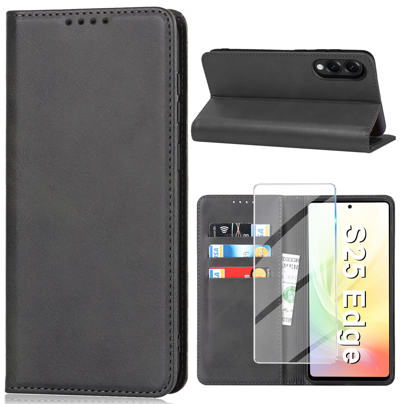 Vaki für Samsung Galaxy S25 Edge Hülle mit Schutzfolie, Schutzhülle PU Leder Wallet Kartenfach Klapphülle, Handyhülle für Samsung S25 Edge 5G Flip Case Cover Coqu Tasche Handyschutz (Schwarz)