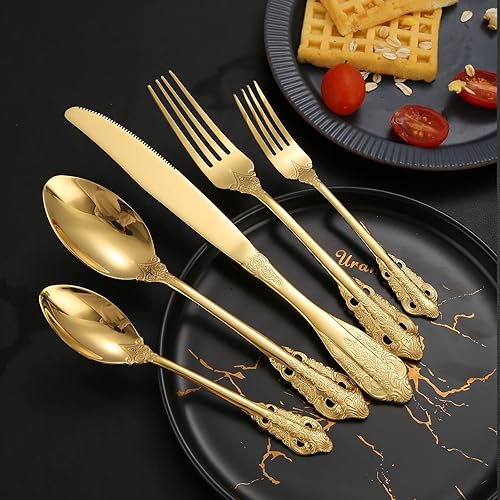 Miniatura 2 de A  HOUSEWARE Gold Silverware Set for 8 Palace Antique Baroque Stainless Steel Flatware 40 Piece Forks Knives and Spoons Heavy Duty Dishwasher Safe