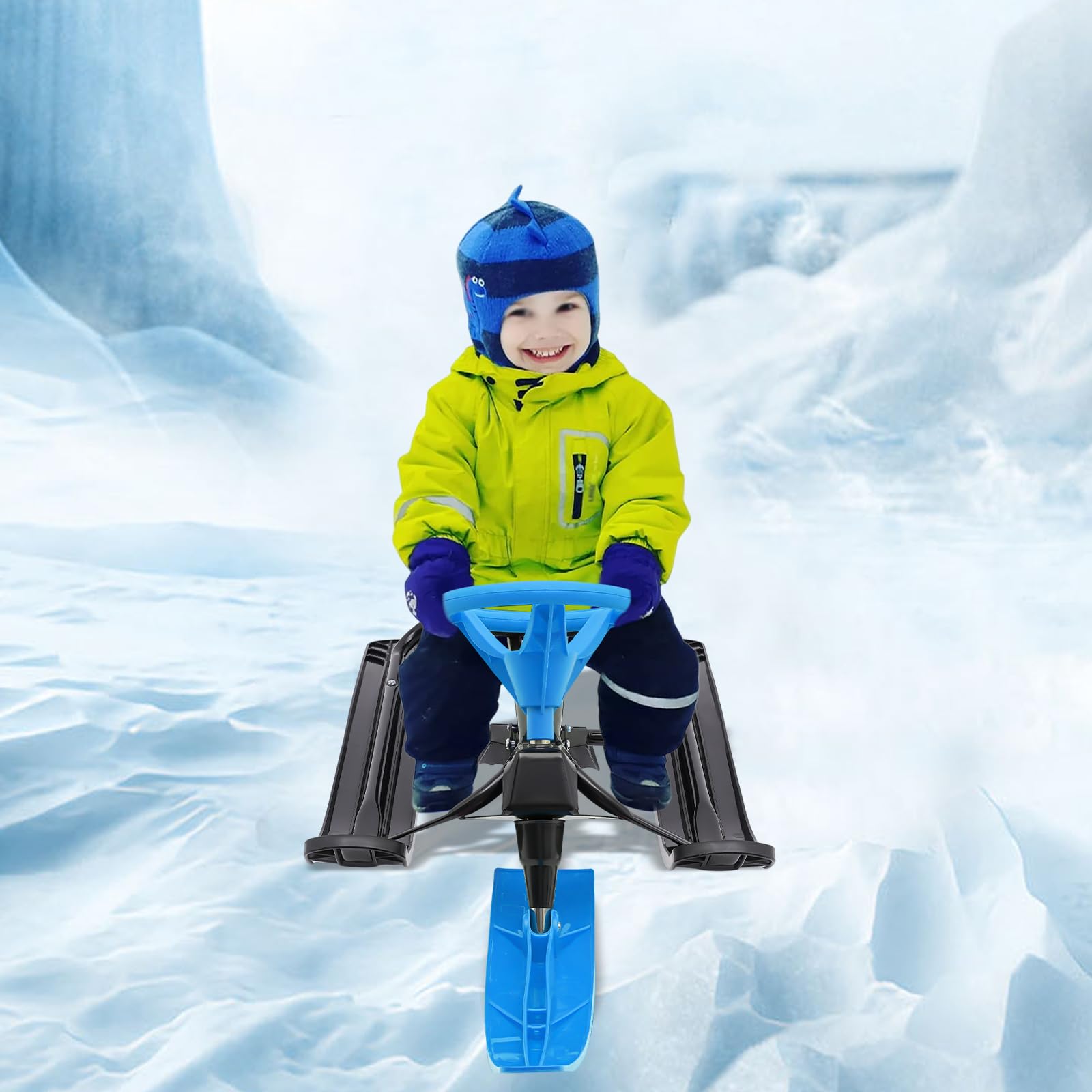 Luge de direction avec 2 freins à pied, luge avec volant pour enfants à partir de 7 ans et adultes, max. 100 kg, luge à patins Skibob, 114 x 50 x 38 cm