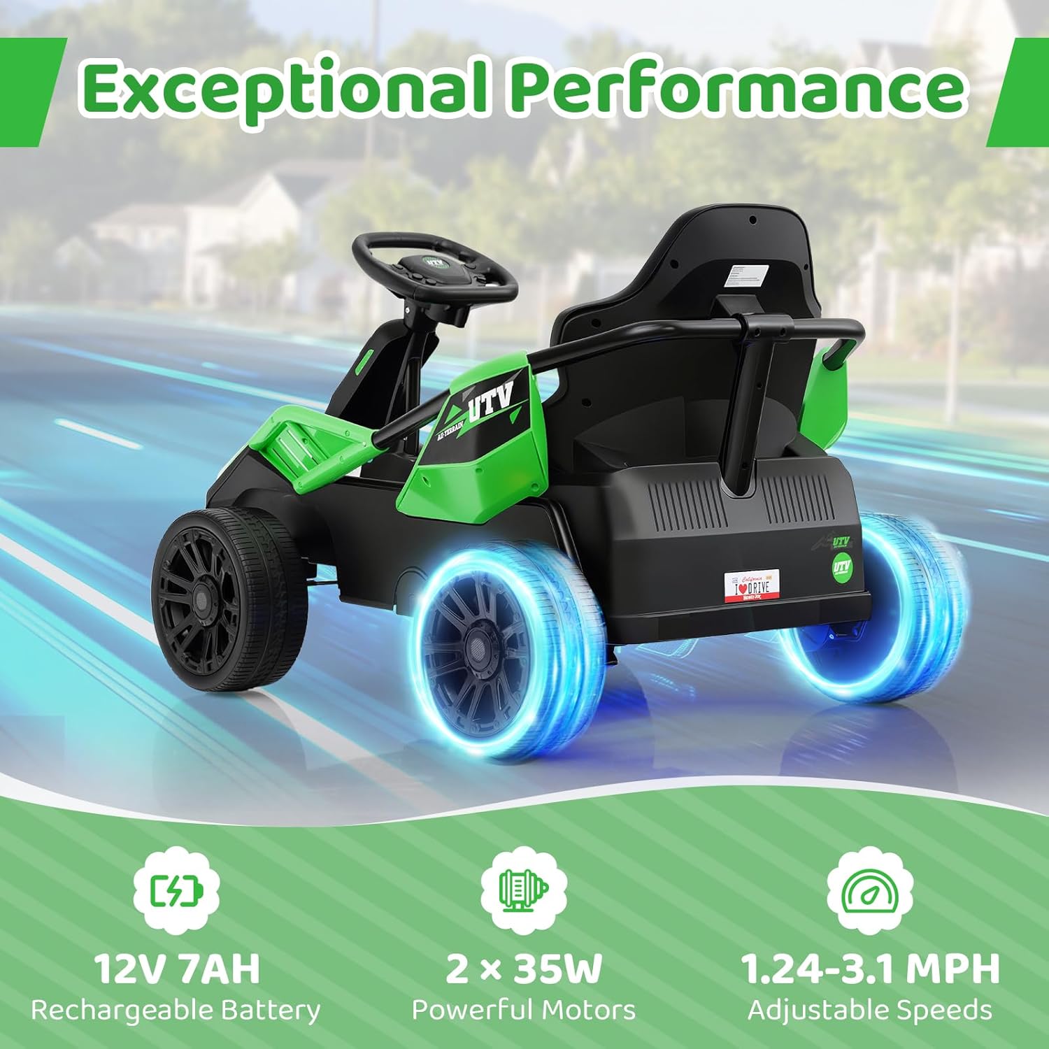Costzon Electric Go Kart for Big Kids, 12V Ride on Race Toy Car w/Remote Control, LED Lights, 3 Speeds, 16" Wide Seat, Shock Absorbers, Horn & Music, Racing Kids Electric Kart for Boys & Girls (Green)