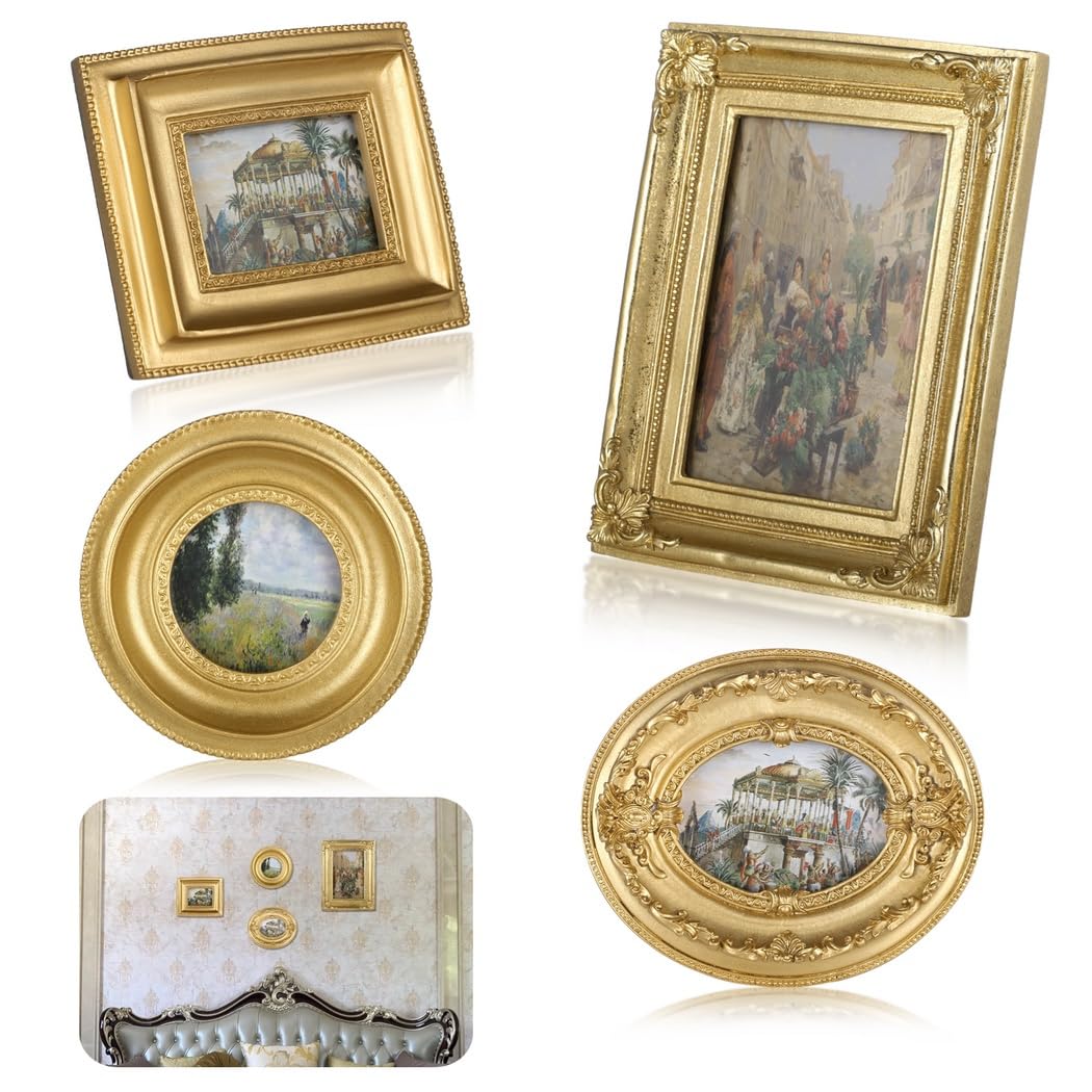 Barokowe mini ramki na zdjęcia, kolaż, dekoracja galerii domu, 4 szt. ramki na zdjęcia w stylu vintage, złote tłoczone antyczne ramki na zdjęcia, do montażu na stole i na ścianie