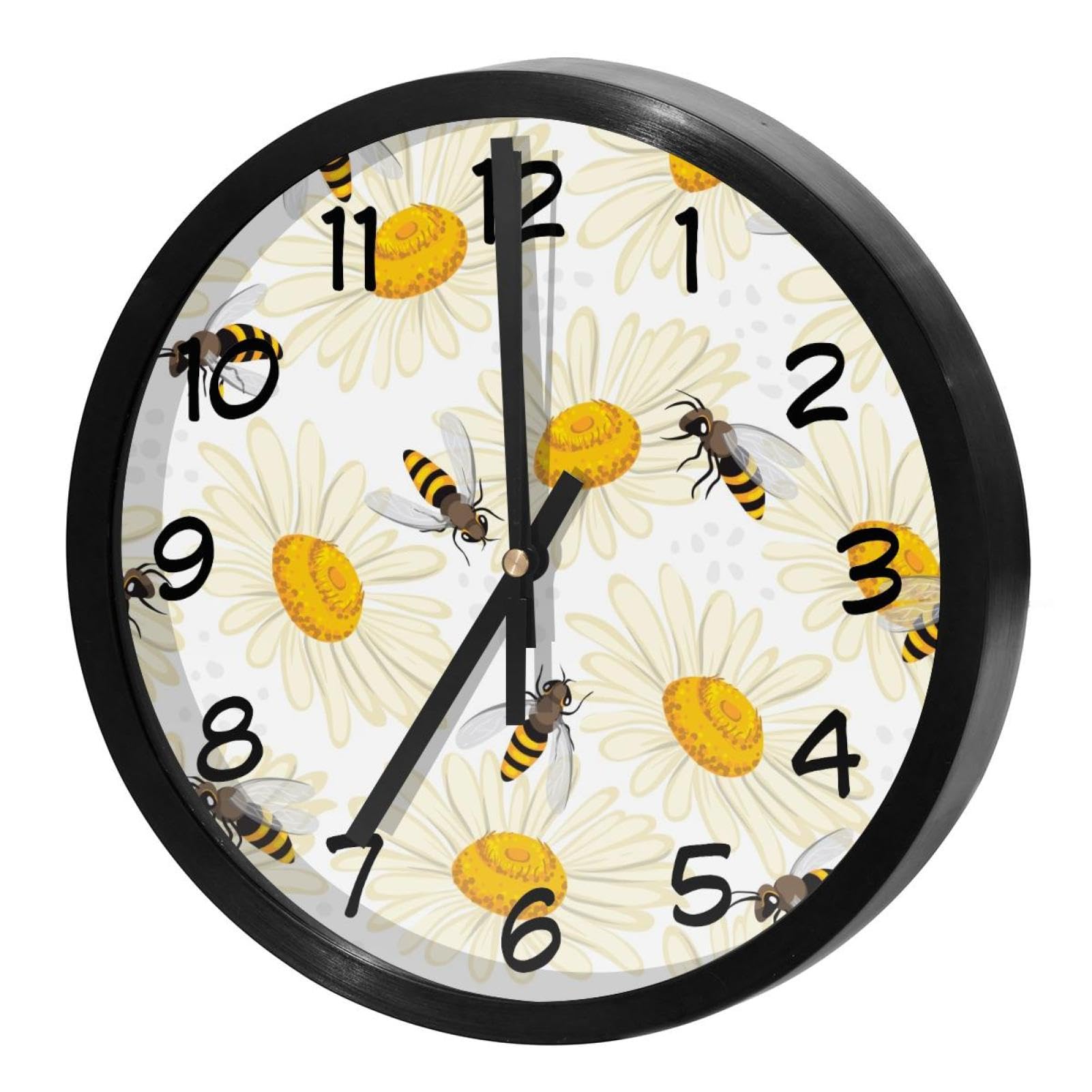 Horloge murale silencieuse à quartz ronde avec décor abeilles et marguerite pour la cuisine