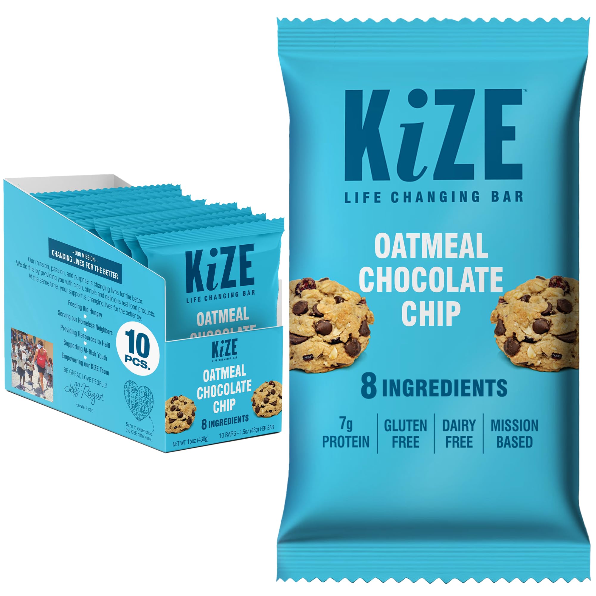 KiZE Energy Bars - Oatmeal Chocolate Chip - Gluten Free, Dairy Free, Non-GMO, and High Protein Meal Replacement Energy Bars, Clean and Simple Food Ingredients - 7g High Protein Snacks, (10 Count)