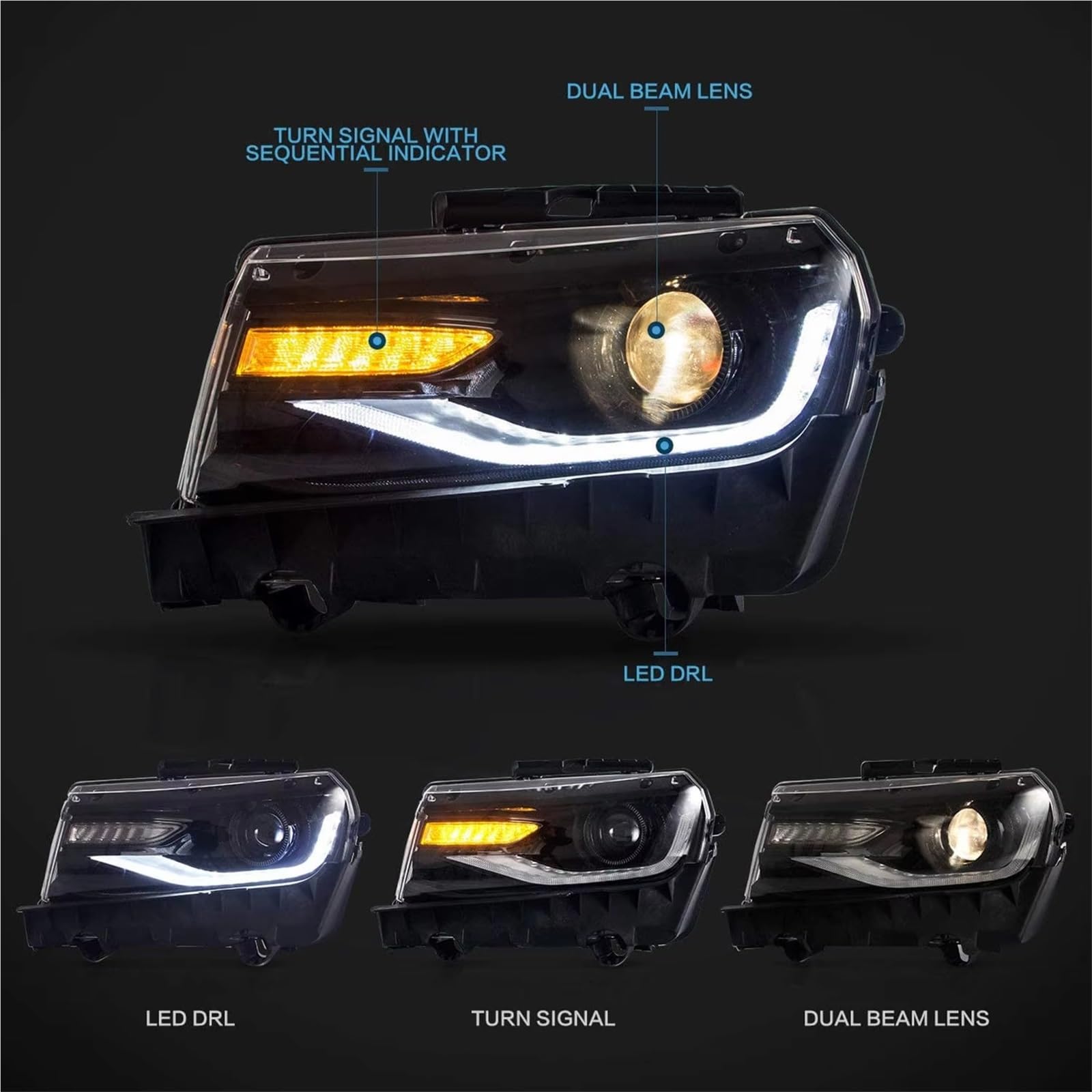 Gruppo Faro per Auto Chevrolet Camaro 2014-2015 Luci Anteriori DRL modificato Gruppo Faro Fari
