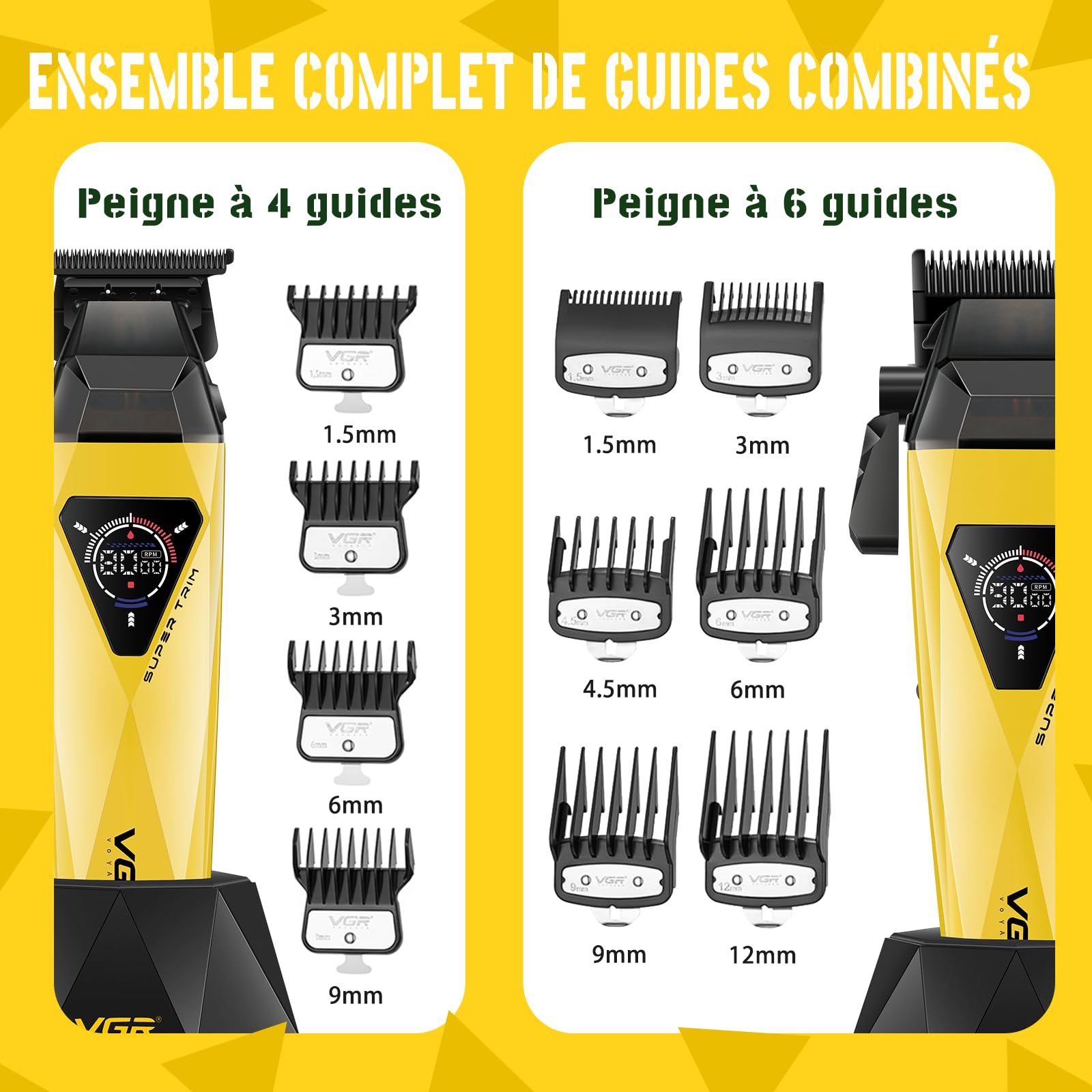 VGR 877S2 Tondeuse Cheveux Hommes Professionnel Set, Zero Gap Tondeuse Barbe et Cheveux Homme Sans Fil avec Moteur 8000/9000 tr/min, Kit Coiffure Homme avec Station de Charge et Écran LED, Or