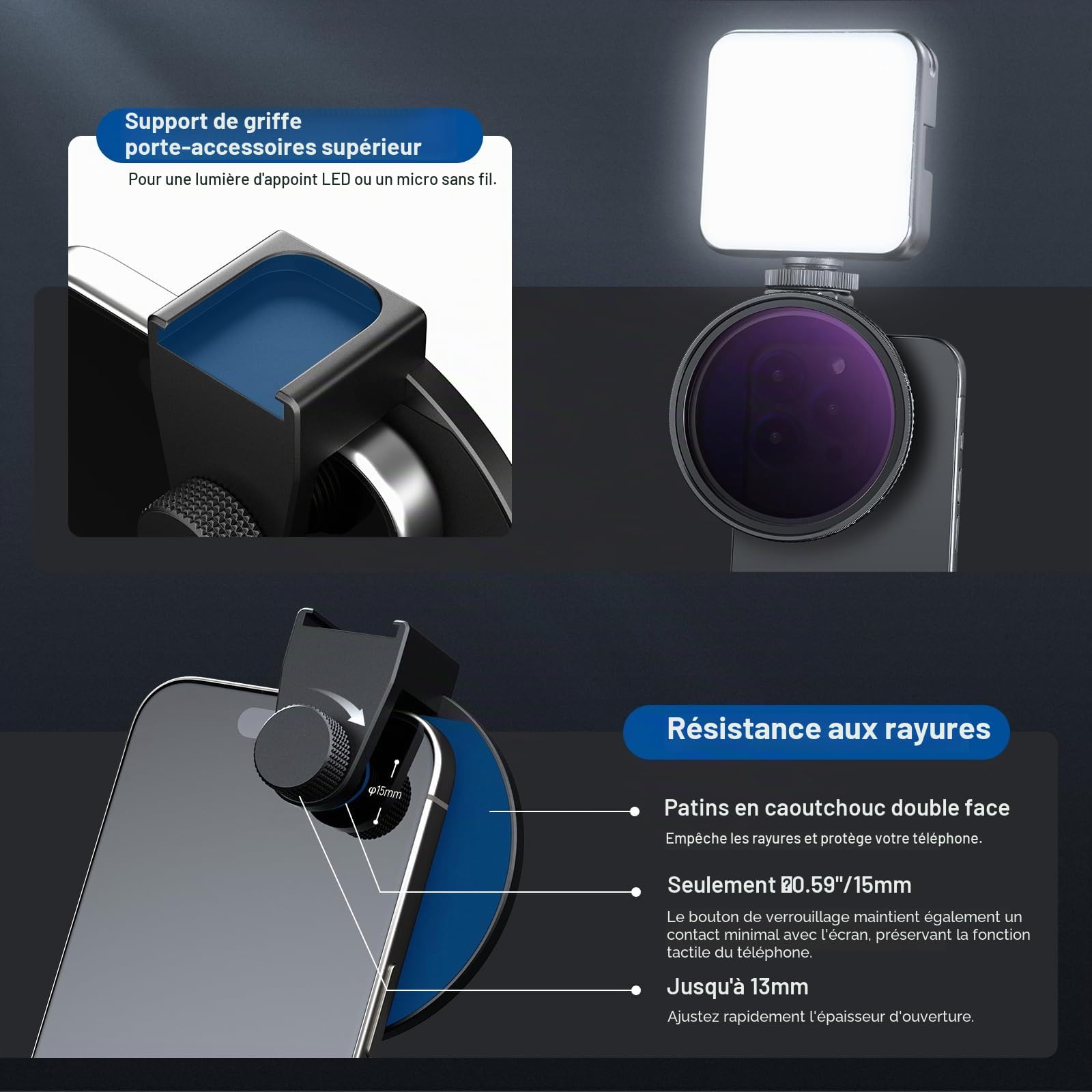 Neewer Kit de Filtre d'objectif de téléphone à Clipser Variable ND2-ND32 de 67 mm, Clip de téléphone avec Anneau Adaptateur fileté/Griffe/Bouton de Verrouillage, Filtre ND Variable HD pour iPhone 15