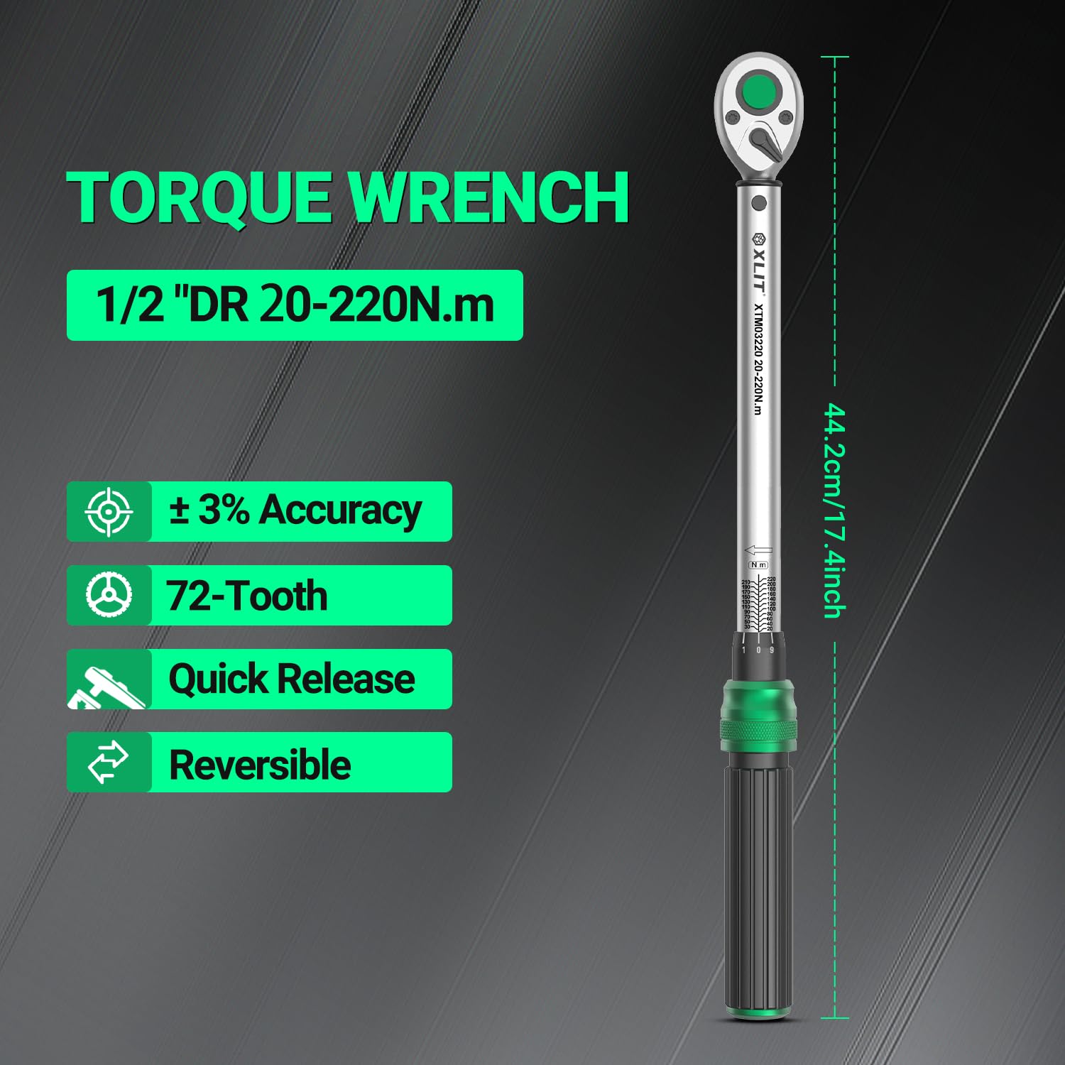 Clé dynamométrique 1/2", 20-220 N.m, 72 dents, précision ±3 %, fermeture rapide, réversible, 44,2 cm