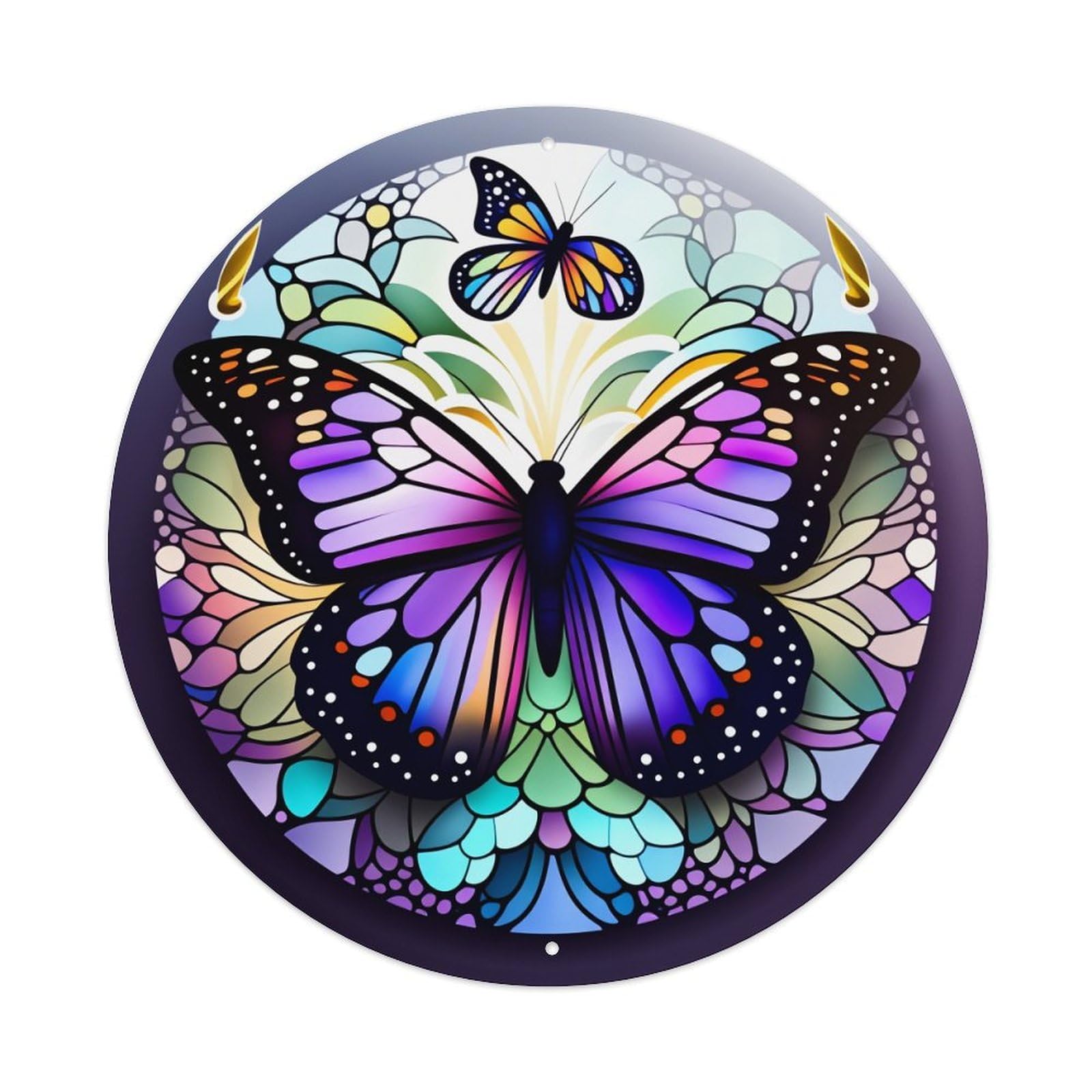 Stained Glass Butterfly Art Design Round Tin Sign Vintage Metal Poster Retro Bar, Home, Man Cave, Kitchen, Laundry Room Wall Art Decor Gift 8x8In