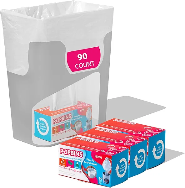 Popbins Trash Bags - Small Garbage Bags, Clear Trash Can Liners for Bathroom Bins, Bedroom, Office & Kitchen Waste, Multi-Purpose Household Wastebasket Cleaning Supplies - 1.2 Gallon, Pack of 3