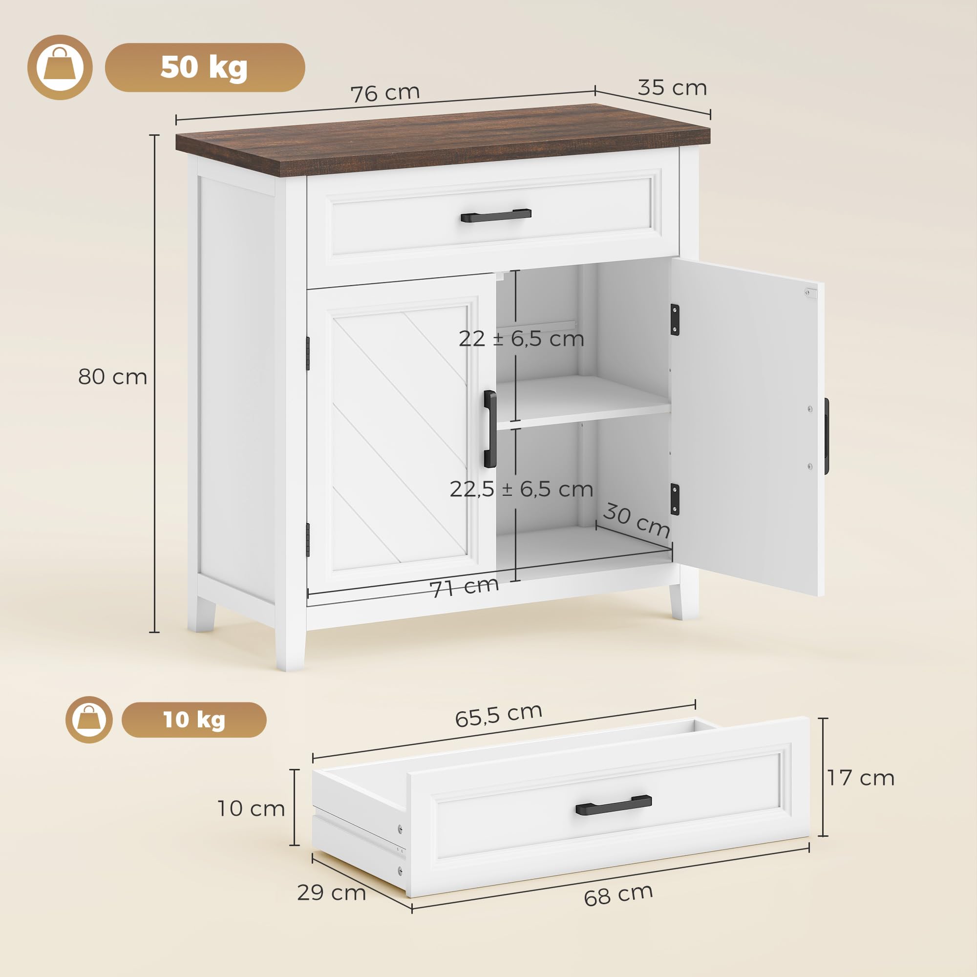 HOMCOM - Aparador para salón (76 x 35 x 80 cm), color blanco | Mueble de almacenamiento, 2 puertas de Chevron, estilo rústico, aparador comedor, cocina
