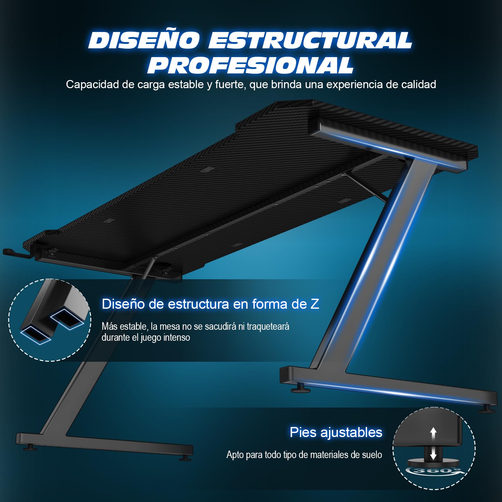 TRIUMPHKEY Mesa Gaming 120 x 60 cm, Escritorio Gaming en Forma de Z Ergonómica, Mesa Gamer de Fibra de Carbono, Mesa para Ordenador con Gancho para Auriculares, Negro