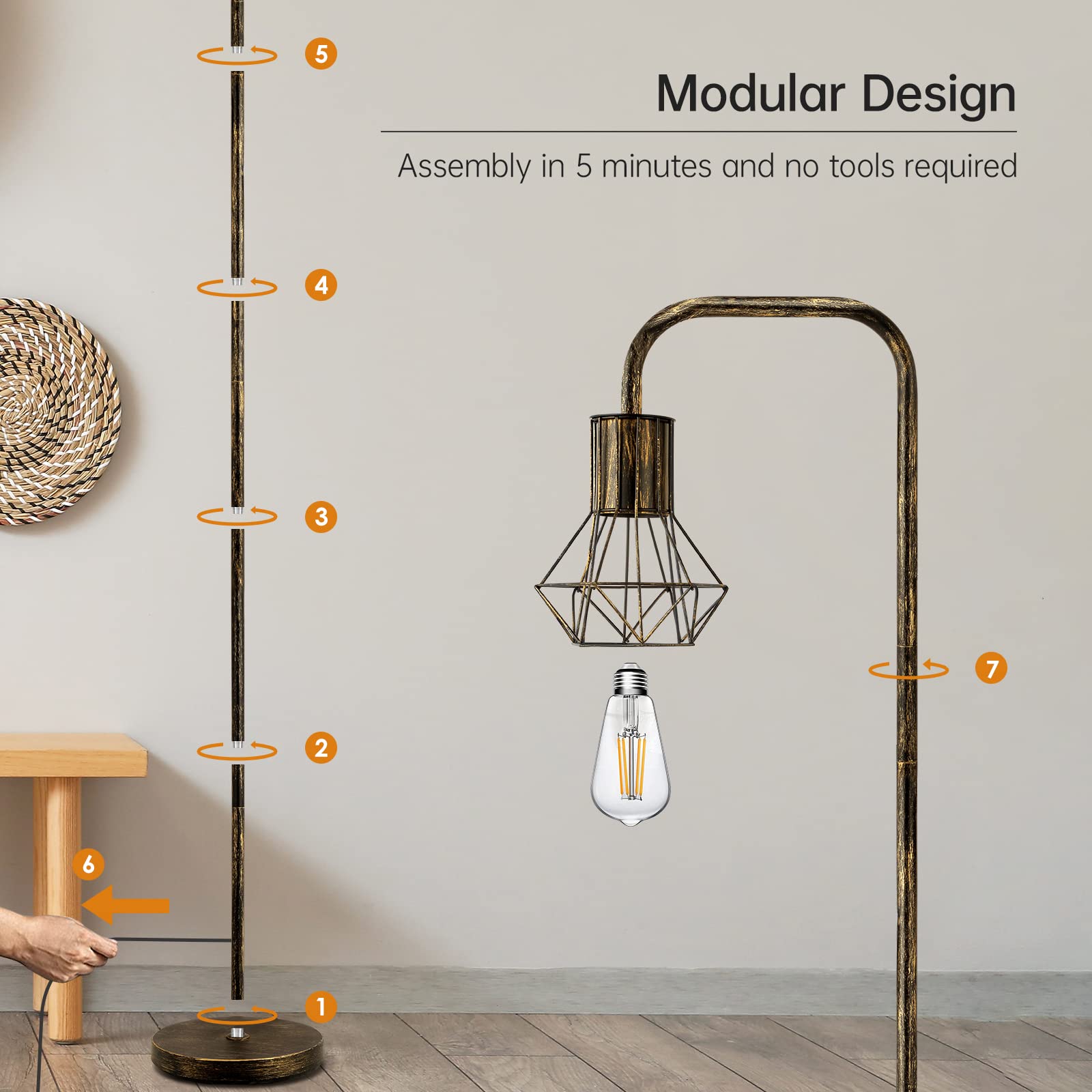 BoostArea Floor lamp,Industrial Floor Lamp,Standing Lamp with 6W LED Bulb,E26 Socket,On/Off Footswitch,Whole Metal,Modern Floor Lamp for Bedroom,Office, Living Room,Rustic,Vintage,Farmhouse