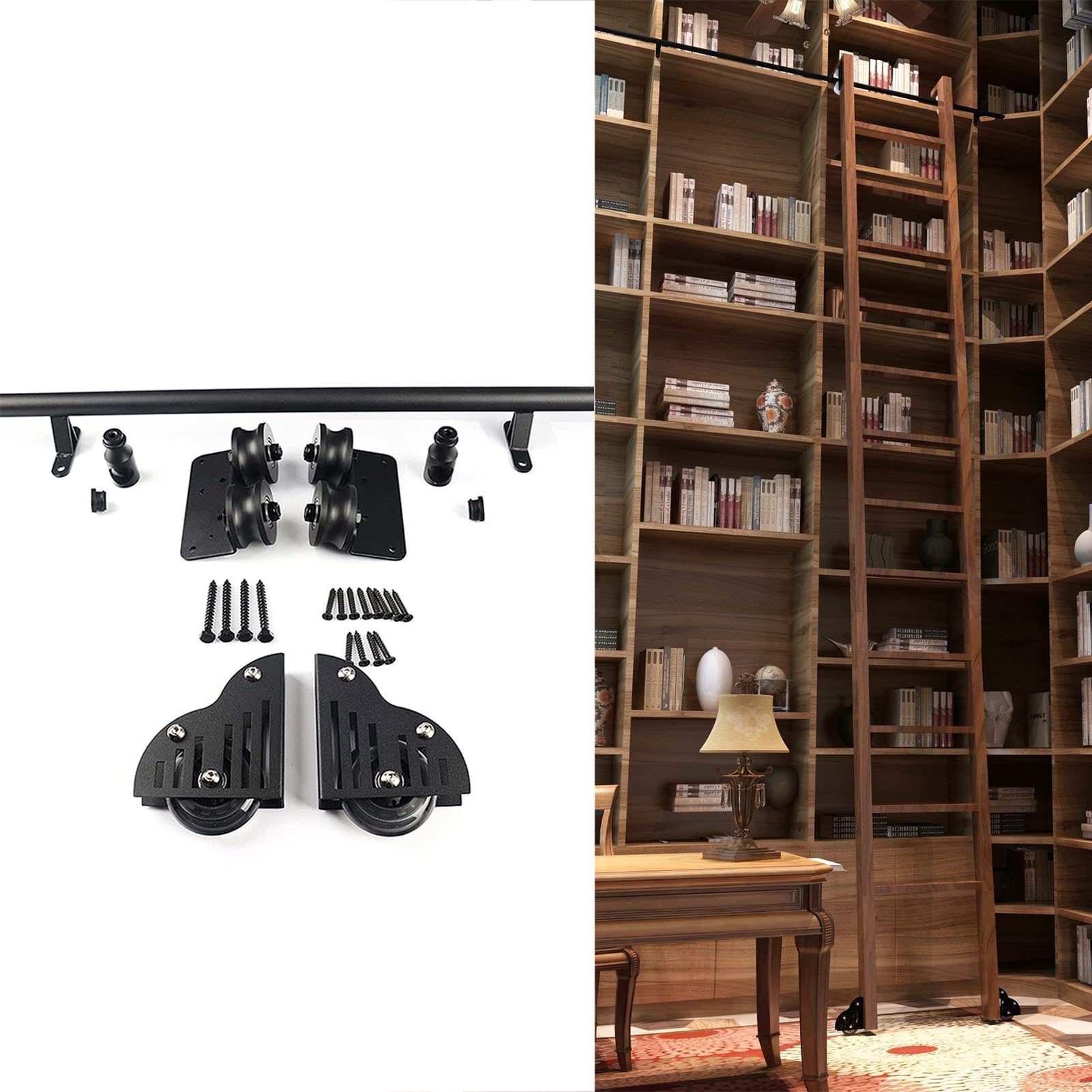 Kit quincaillerie pour échelle coulissante de bibliothèque sécurisée avec frein de rail