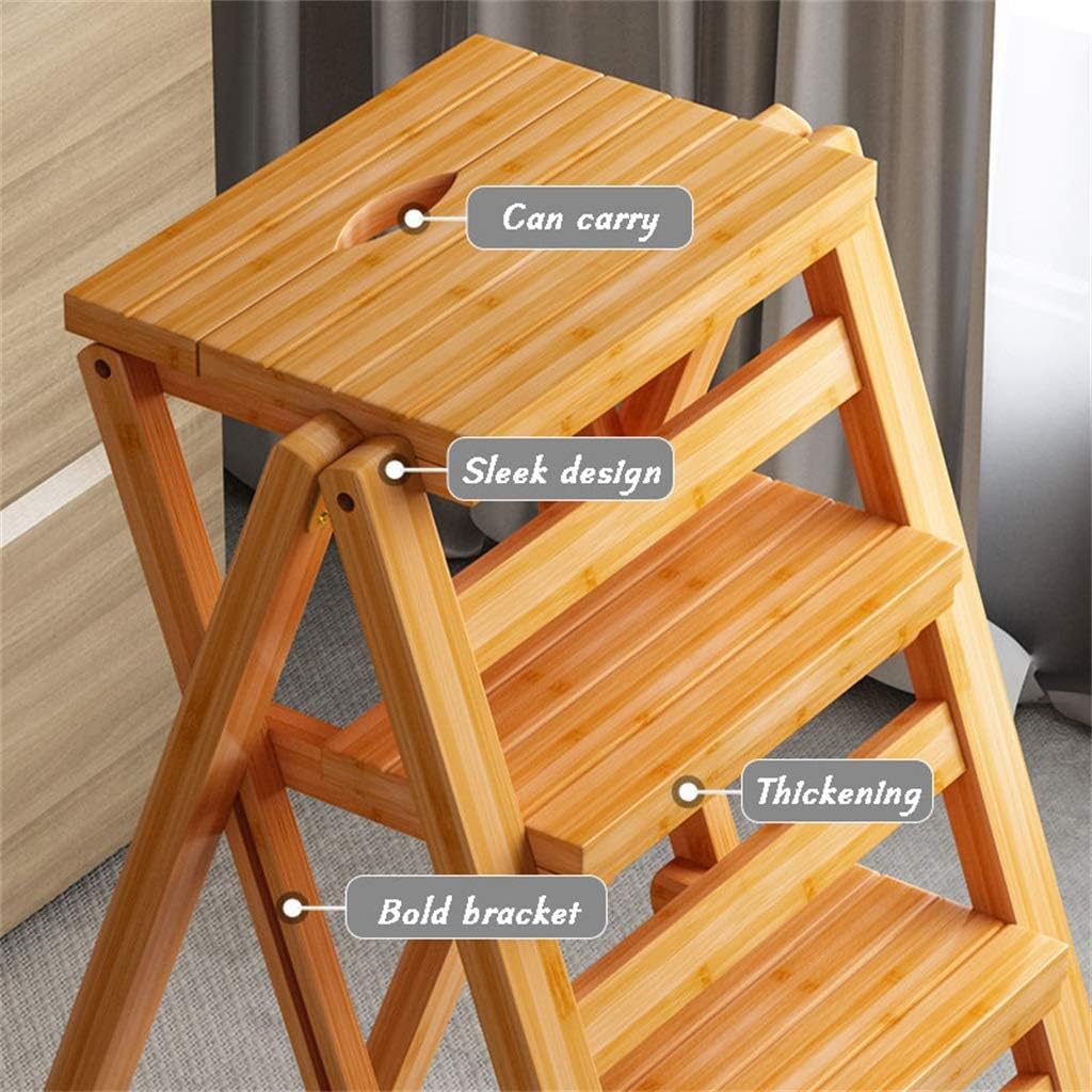 Creative Transforming Folding Library Steps Multi-Layer Step Ladder Chair Kitchen Office Use Natural Bamboo Material