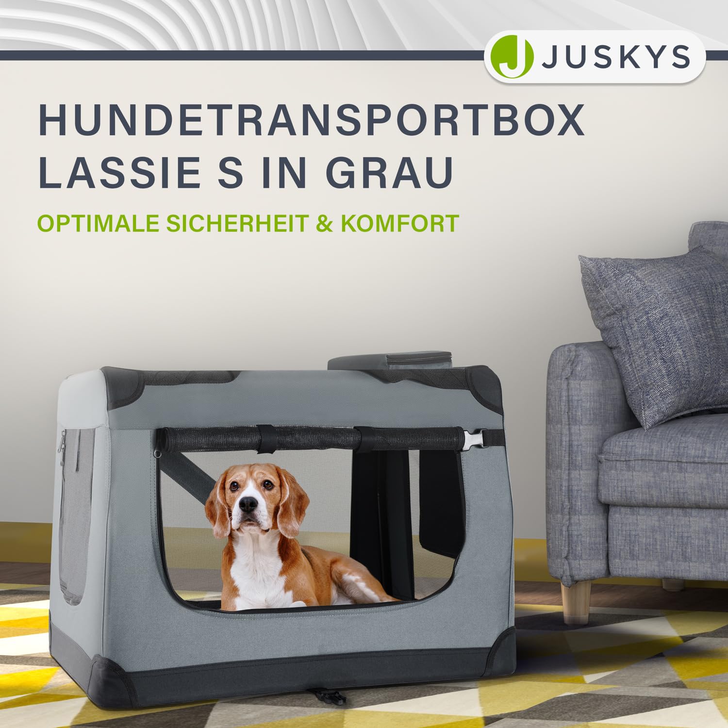 Juskys Hundetransportbox Lassie M faltbar & tragbar 42x60x44 cm mit Decke, Tasche & Griffen - Faltbare Transportbox für Hunde, Katzen & Haustiere - Oxford Stoff Hundebox Auto Hundetasche - Grau